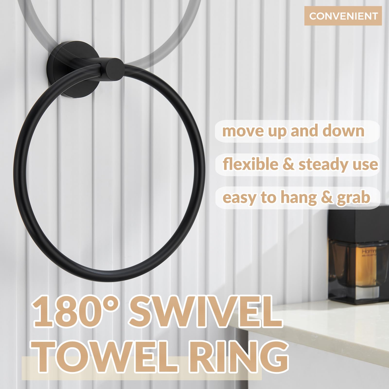 APLusee Matte Black Towel Ring  Stainless Steel Hand Towel Holder  Bathroom Towel Rack  Round Towel Hanger  Storage Hardware Wall Mounted