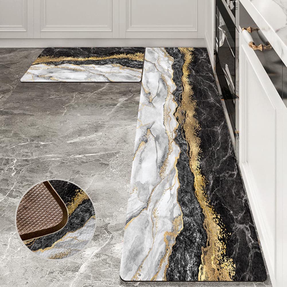 Black Gold Marble Kitchen Mat And Rugs 2 Pieces Anti Fatigue Cushioned Kitchen Floor Mat Non-Slip Leather Kitchen Mats Set For H