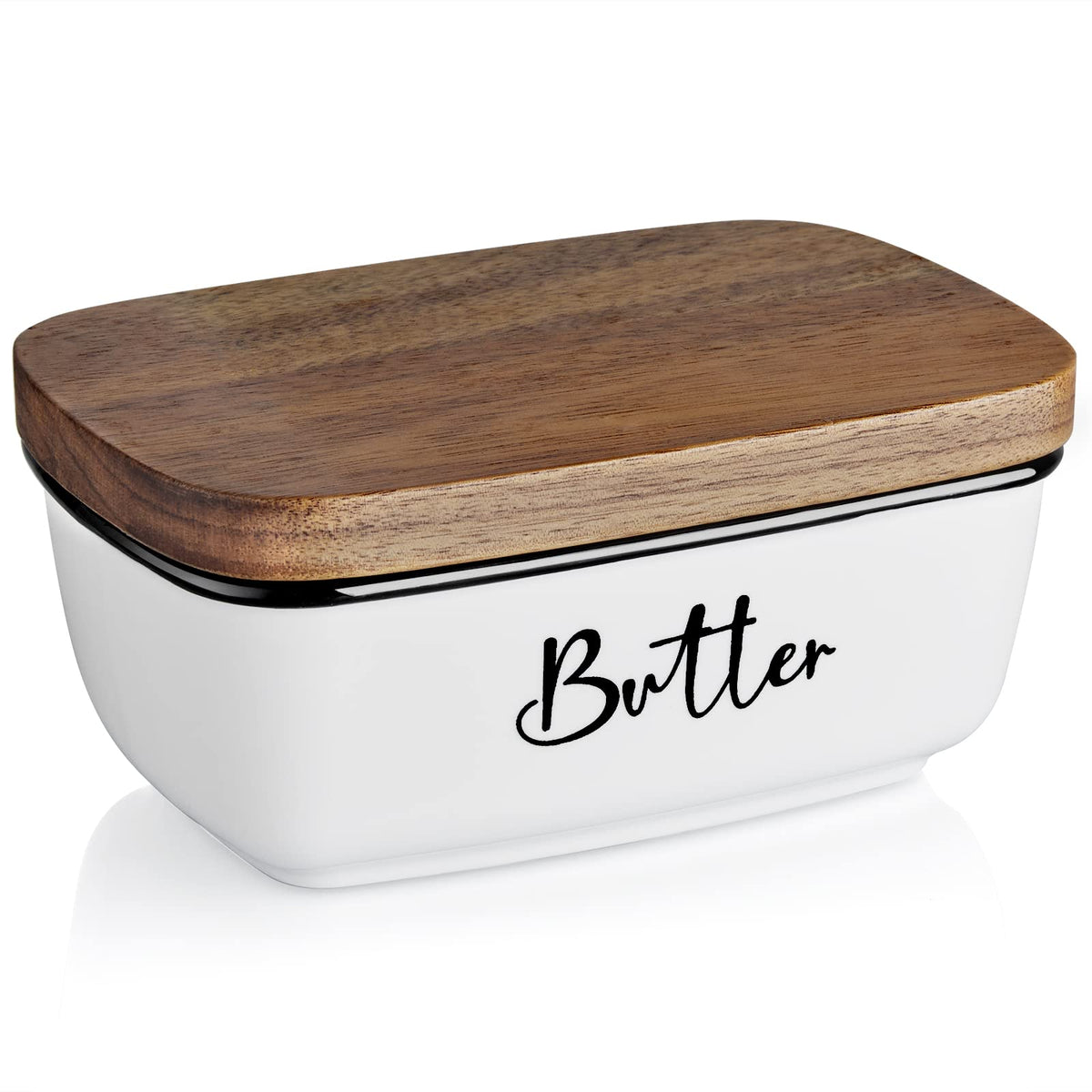 Butter Dish With Lid, Alelion Large Ceramic Butter Dish With Lid For Countertop, Butter Keeper With Thick Acacia Wood Lid, Kitch