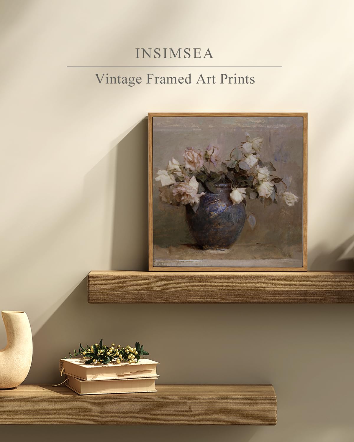 Insimsea Square Framed Canvas Wall Art, Flowers Farmhouse Prints Vintage Classical Floral Rose In Vase Pictures Wall Decor Paint