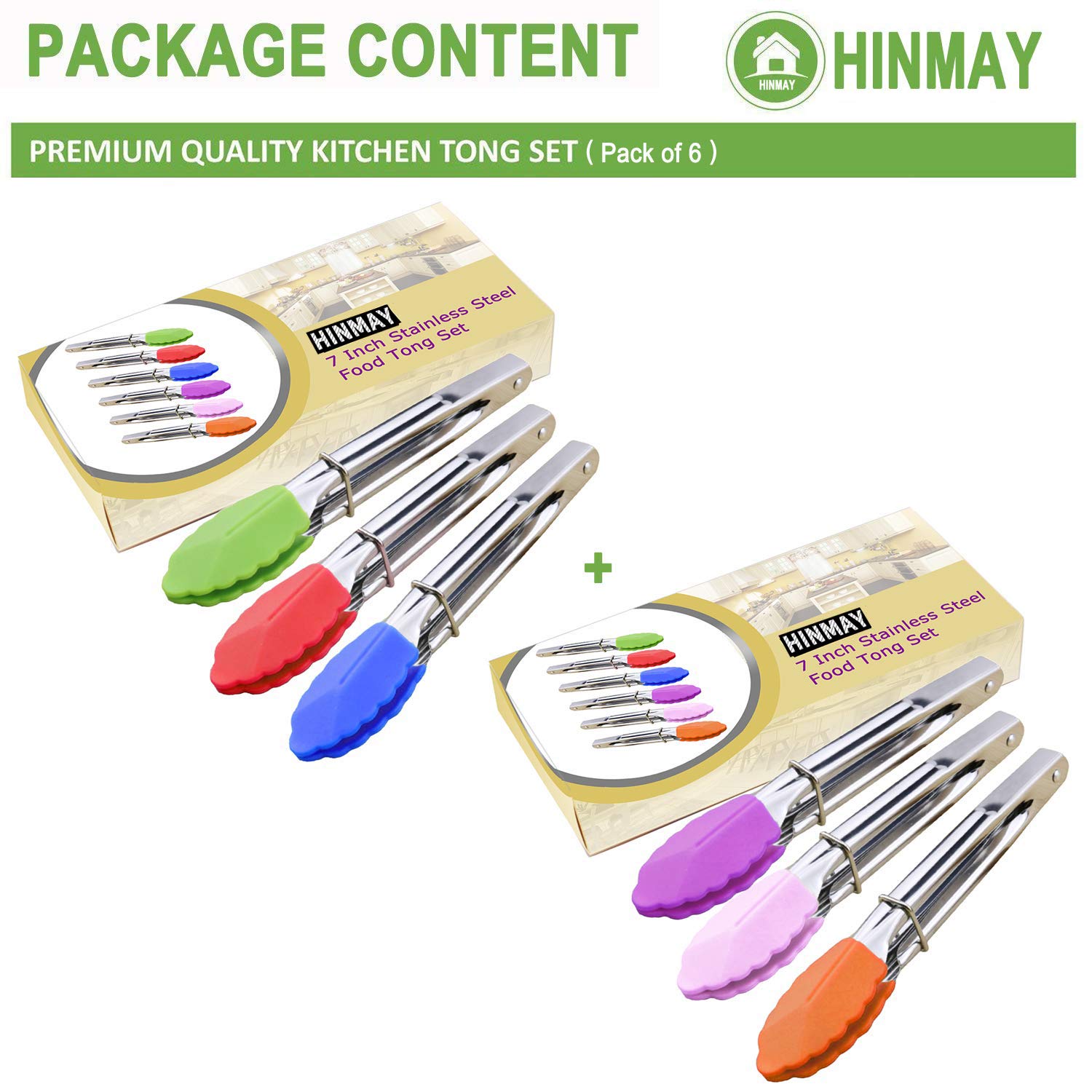 Hinmay Colorful Mini Tongs Set 7-Inch Silicone Tongs With Sliding Rings, Set Of 6 (Green Red Blue Purple Pink Orange)