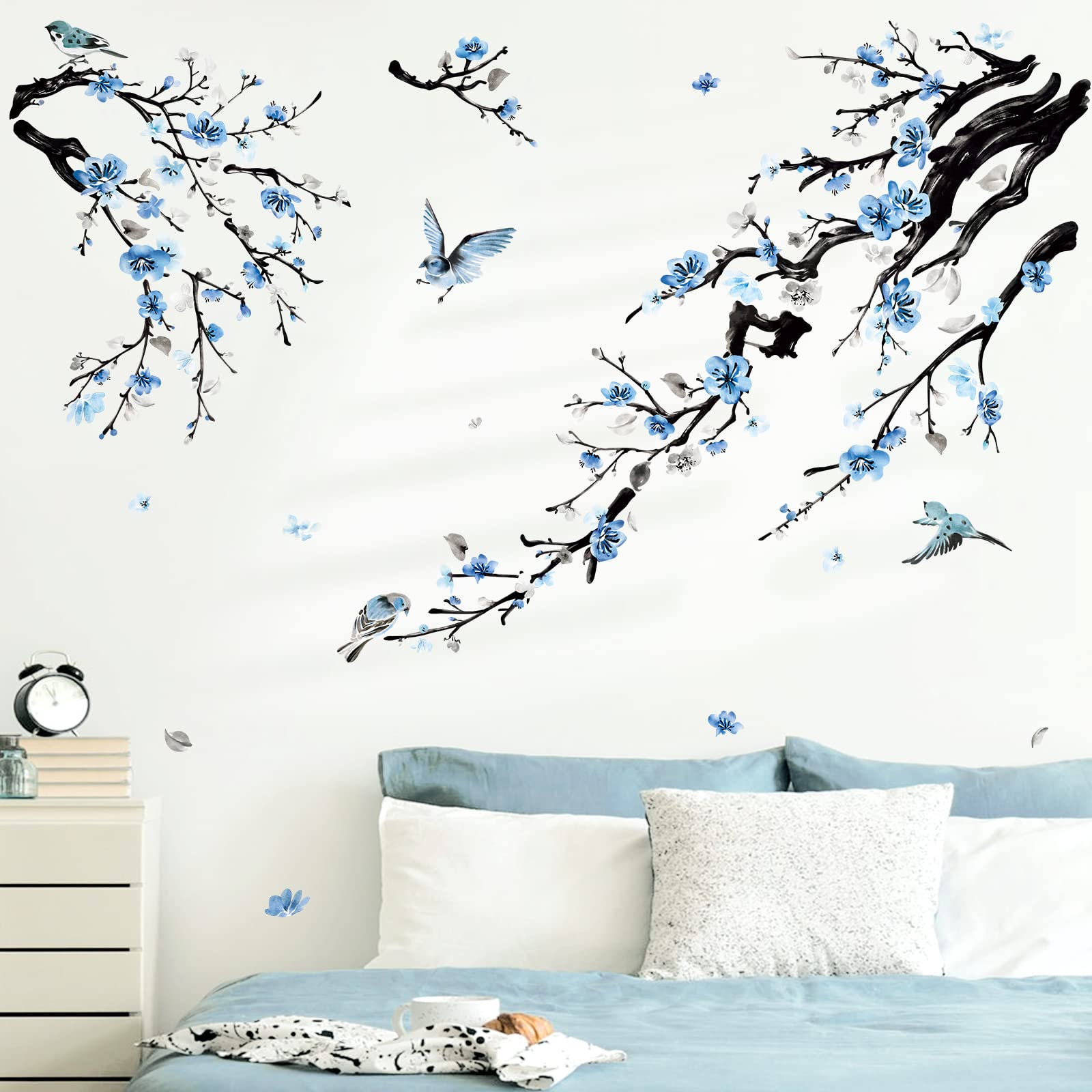 Wondever Watercolor Flower Tree Branch Wall Stickers Blossom Blue Floral Birds Peel And Stick Wall Art Decals For Living Room Be