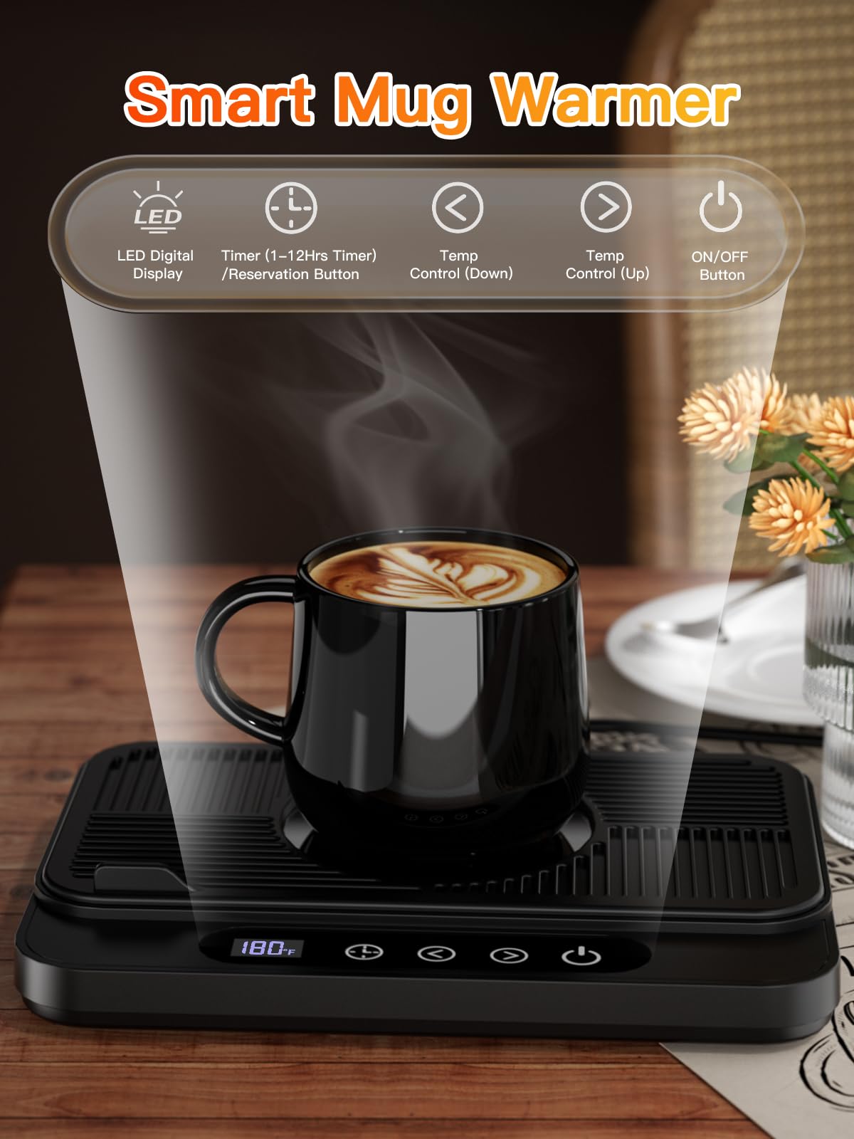 Misby Coffee Mug Warmer, 50W with 6 Temp Settings, 8H Auto Shut-Off, Ultra-Thin Design, Black