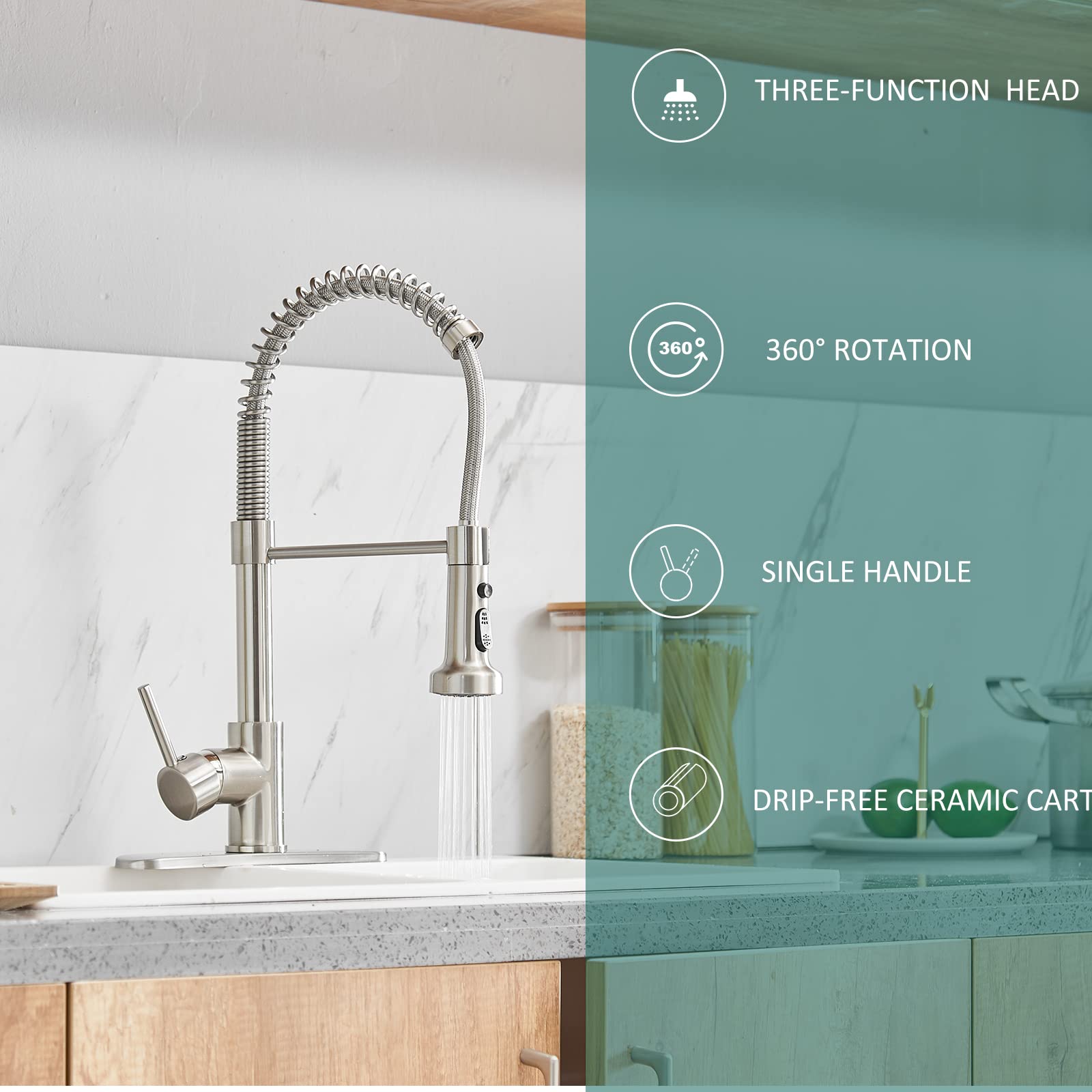 Hoimpro Brass Spring Kitchen Faucet With Pull Down Sprayer With Cover Plate, Rv Kitchen Sink Faucet With Cupc Hoses ,3 Function