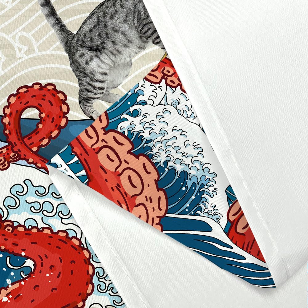 Uokiuki Funny Cat Whale Shower Curtain, Red Kraken Octopus Japanese Ocean Wave With Chinese Auspicious Clouds Shower Curtain Wit