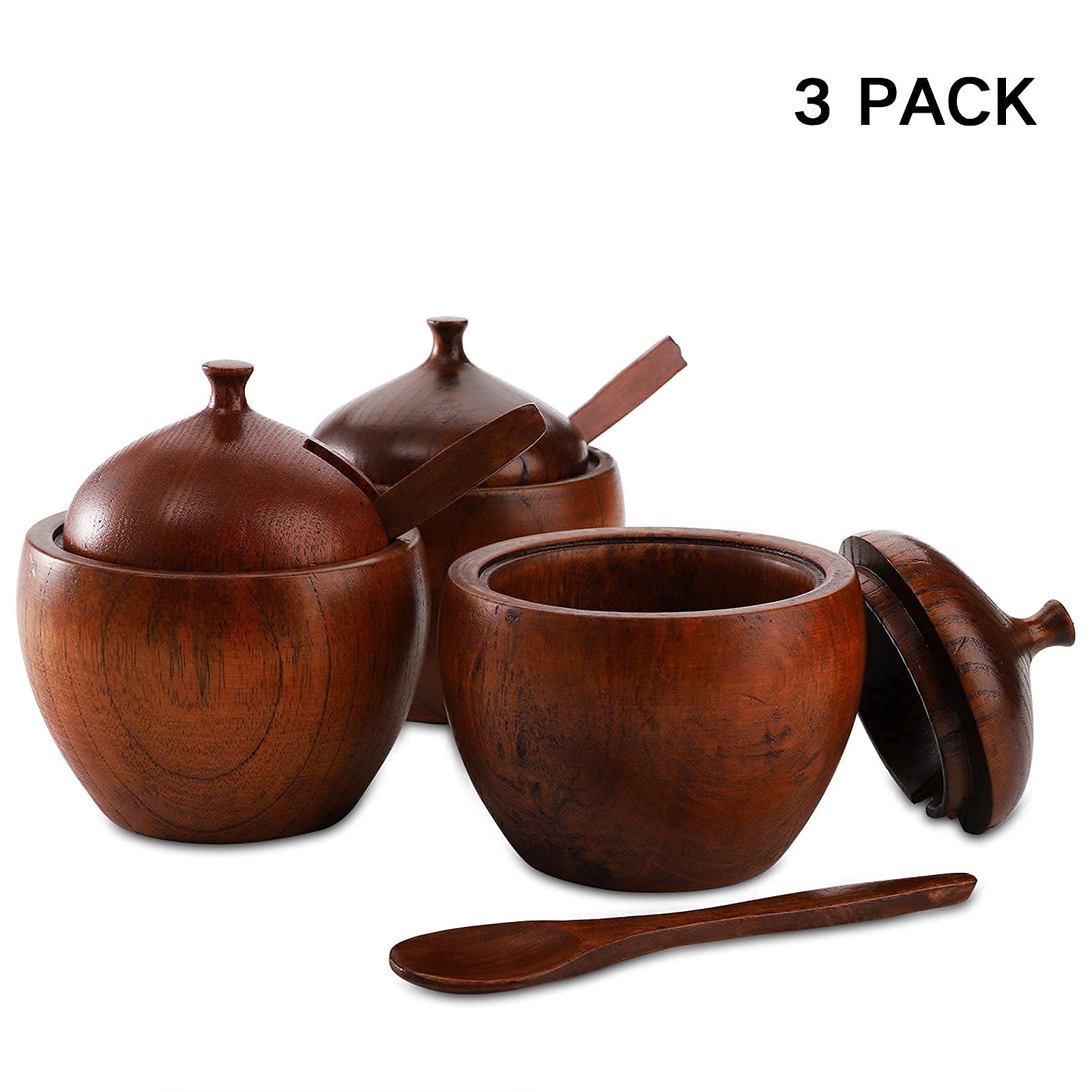 Deayou 3 Pack Wood Salt Box Spice Jar, Natural Wooden Salt Cellar With Lid And Spoon, Sugar Bowl Pepper Seasoning Container Hold