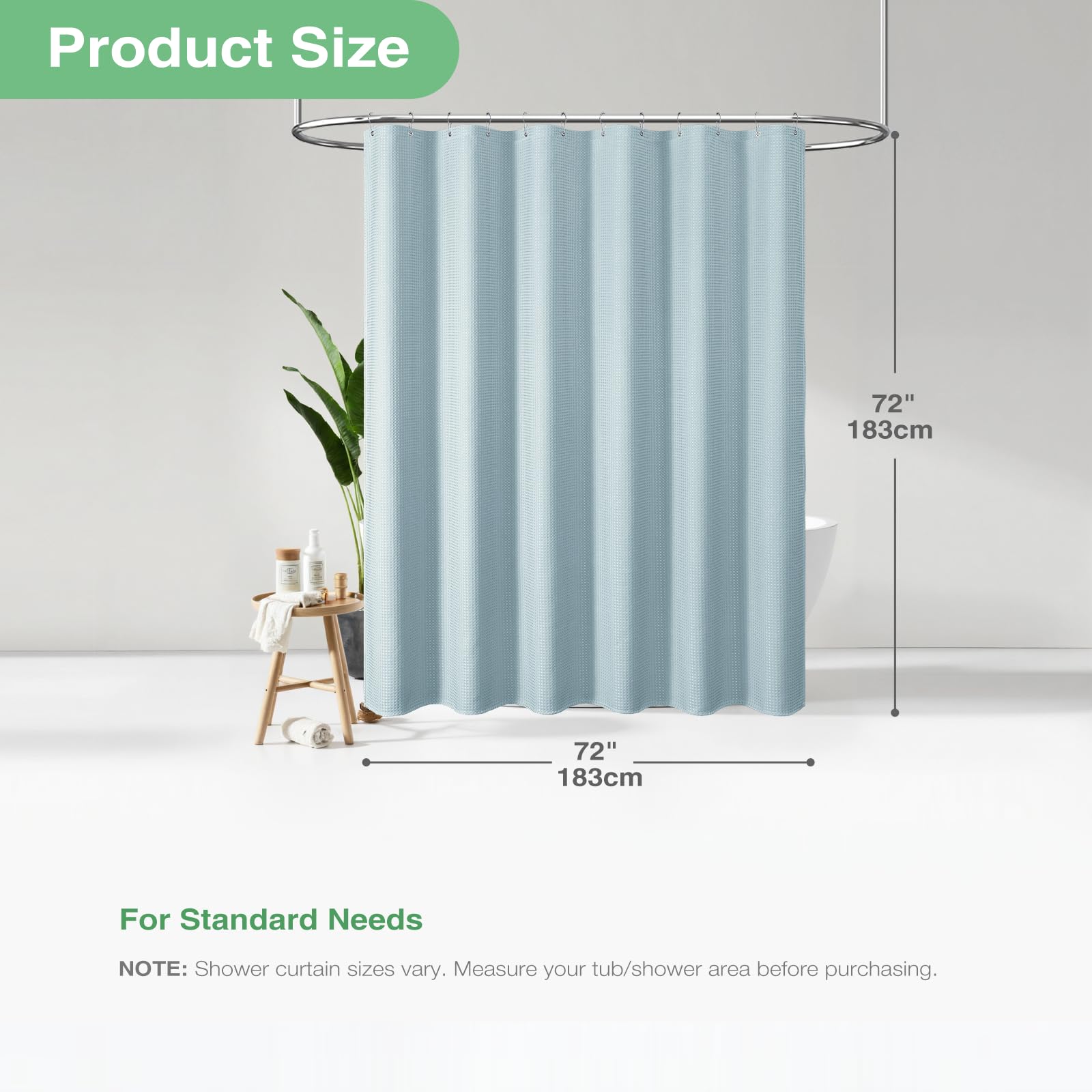 Dynamene Fog Blue Fabric Shower Curtain for Bathroom- Waffle Weave Textured Heavy Duty Cloth   256GSM Hotel Luxury Weighted Bath Curtain Set with 12 Plastic Hooks 72x72  Fog Blue