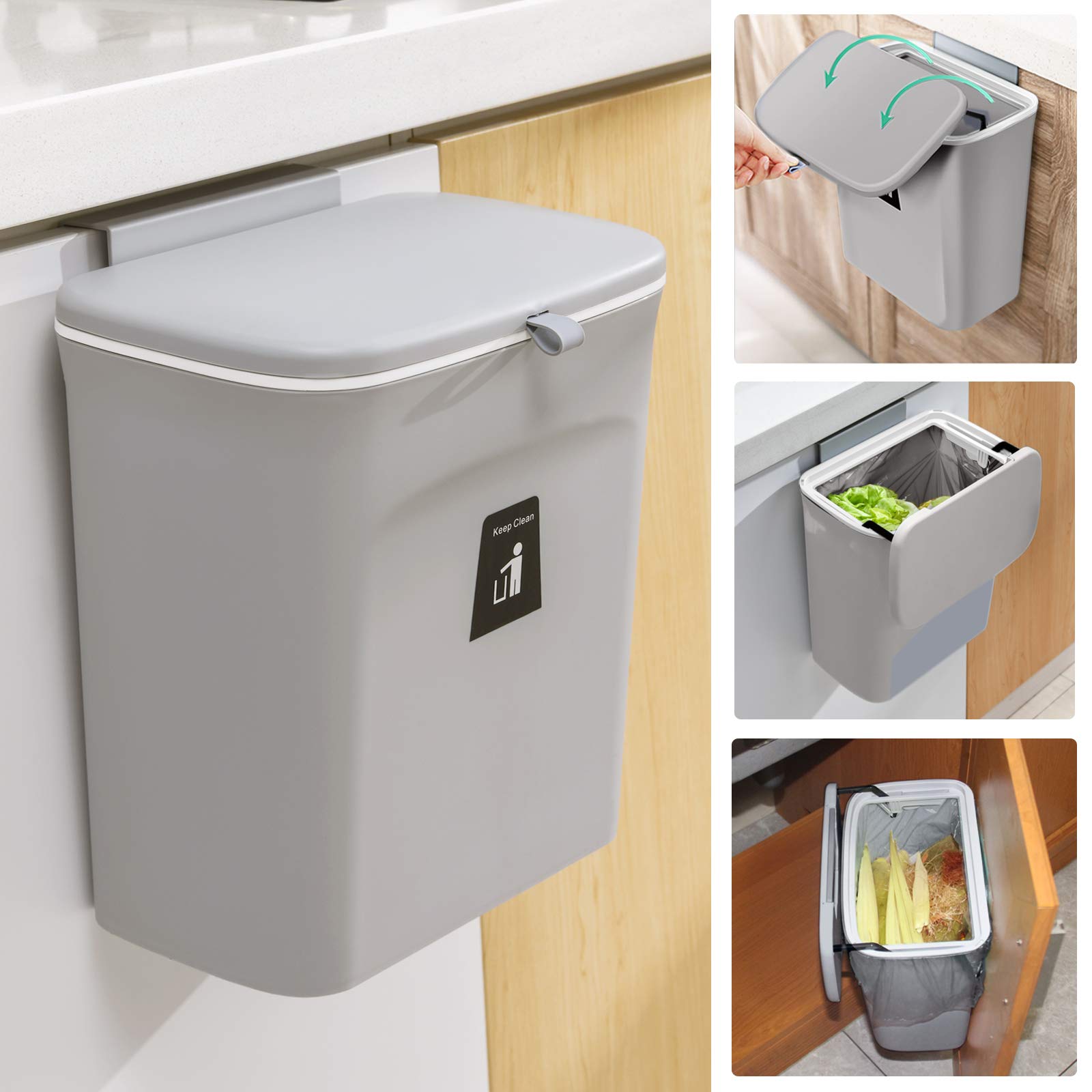 Tiyafuro 2.4 Gallon Kitchen Compost Bin For Counter Top Or Under Sink, Hanging Small Trash Can With Lid For Cupboard/Bathroom/Be