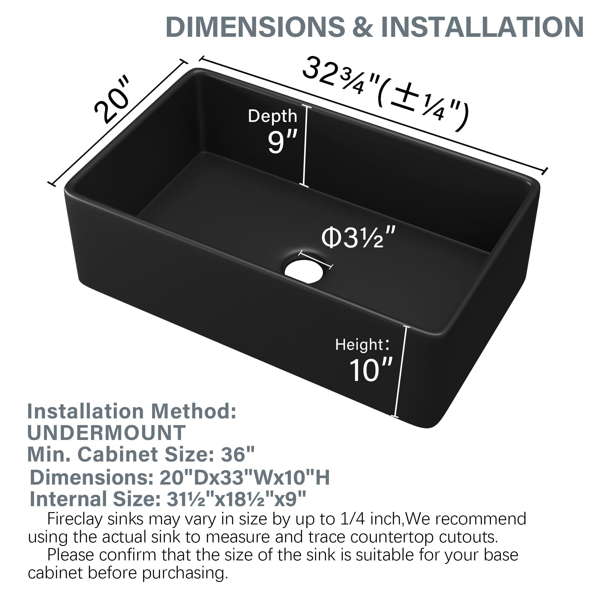 Homlylink Black Farmhouse Sink 33 X 20 Inch,Wide & Large Farm Sink Black,10'' High Fireclay Apron Sink, Single Bowl Farmer Barn