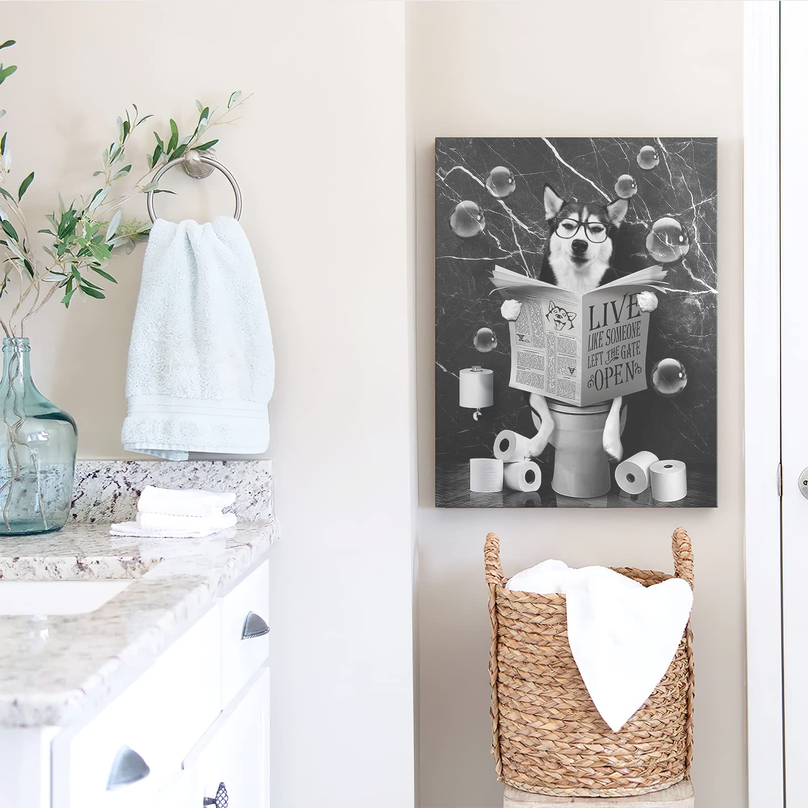 Husky Dog Sitting In Toilet Bathroom Decor Wall Art Funny Husky Pictures Black And White Bathroom Wall Decor Farmhouse Dogs Pain