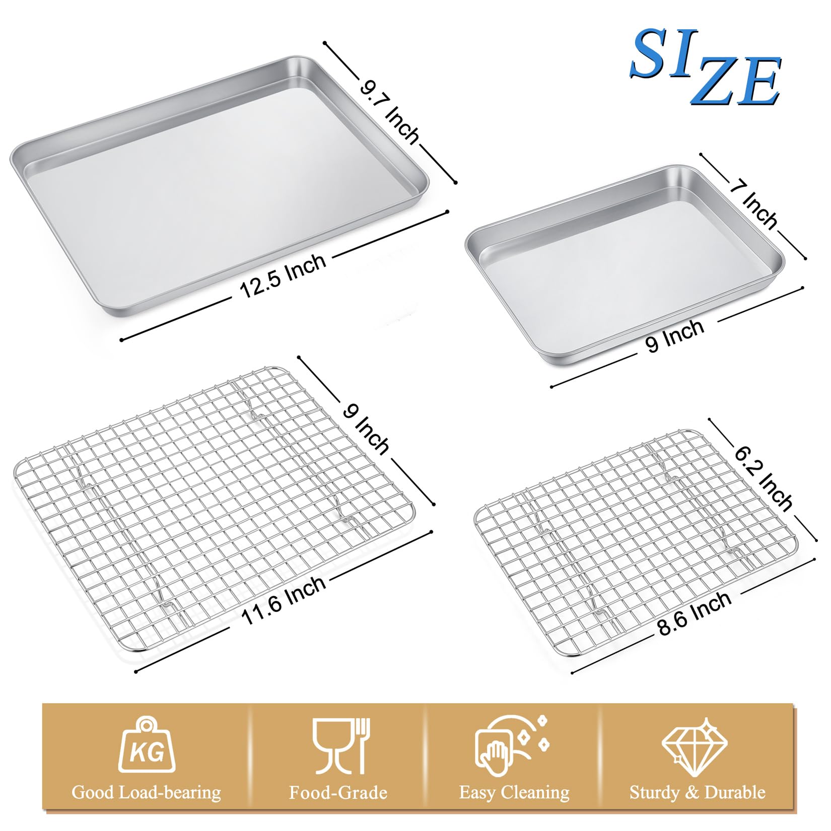 P&P Chef Toaster Oven Pans Trays With Racks Set, 4 Pcs (2 Pans + 2 Racks), Stainless Steel Small Baking Pan And Cooling Rack For
