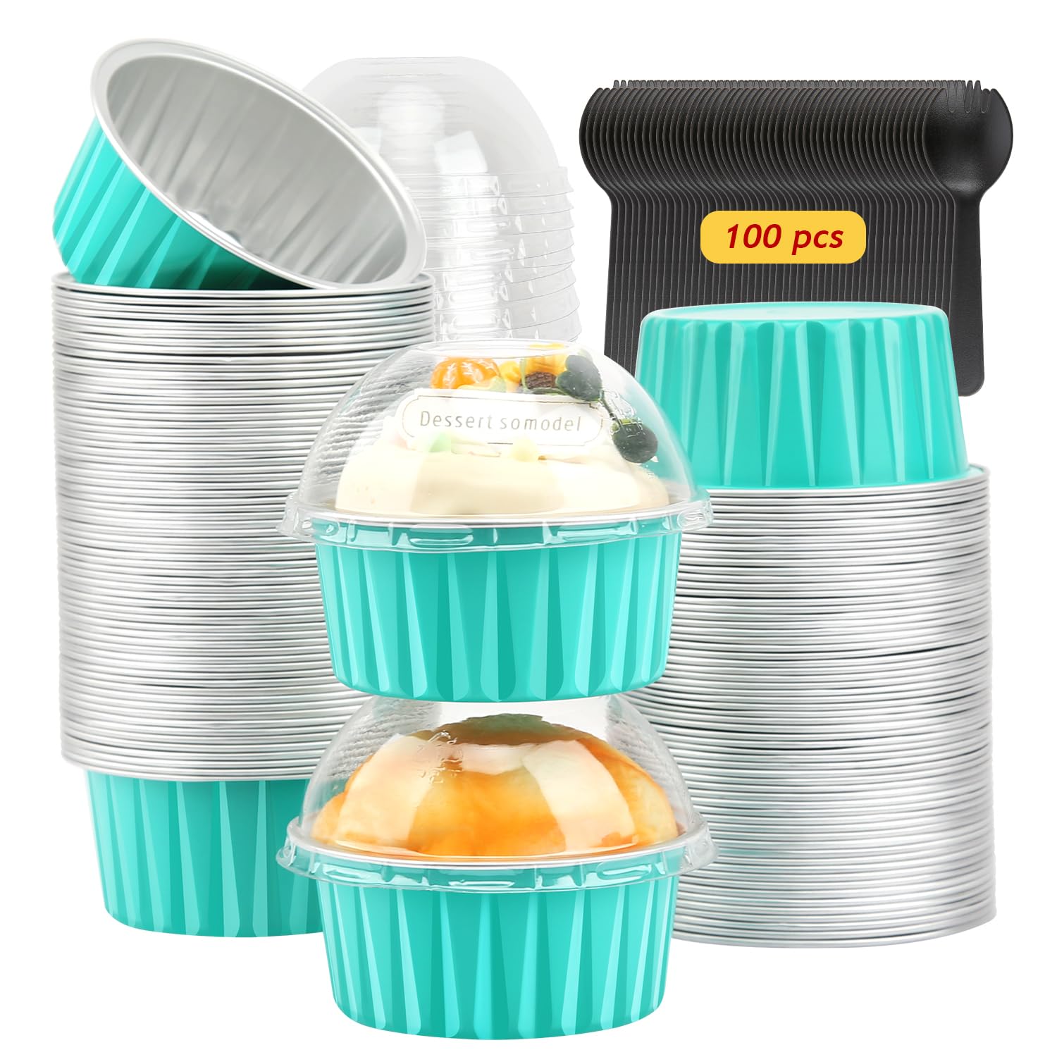 Cupcake Pans With Dome Lids 100 Pack,LNYZQUS 5oz Mini Aluminum Baking Cups Muffin Tin,Disposable Ramekins Cake Containers Holder