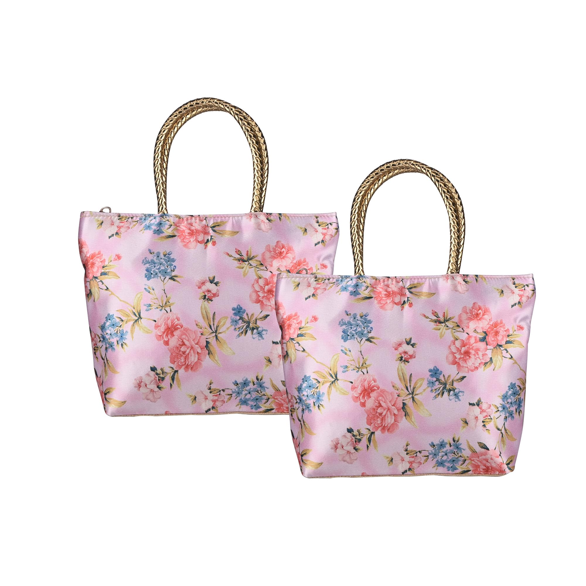 Kuber Industries 2 Pcs Silk Small Hand Bags For Women Stylish With Handle & 1 Outer Zip Pocket | Traditional Handheld Bags For W