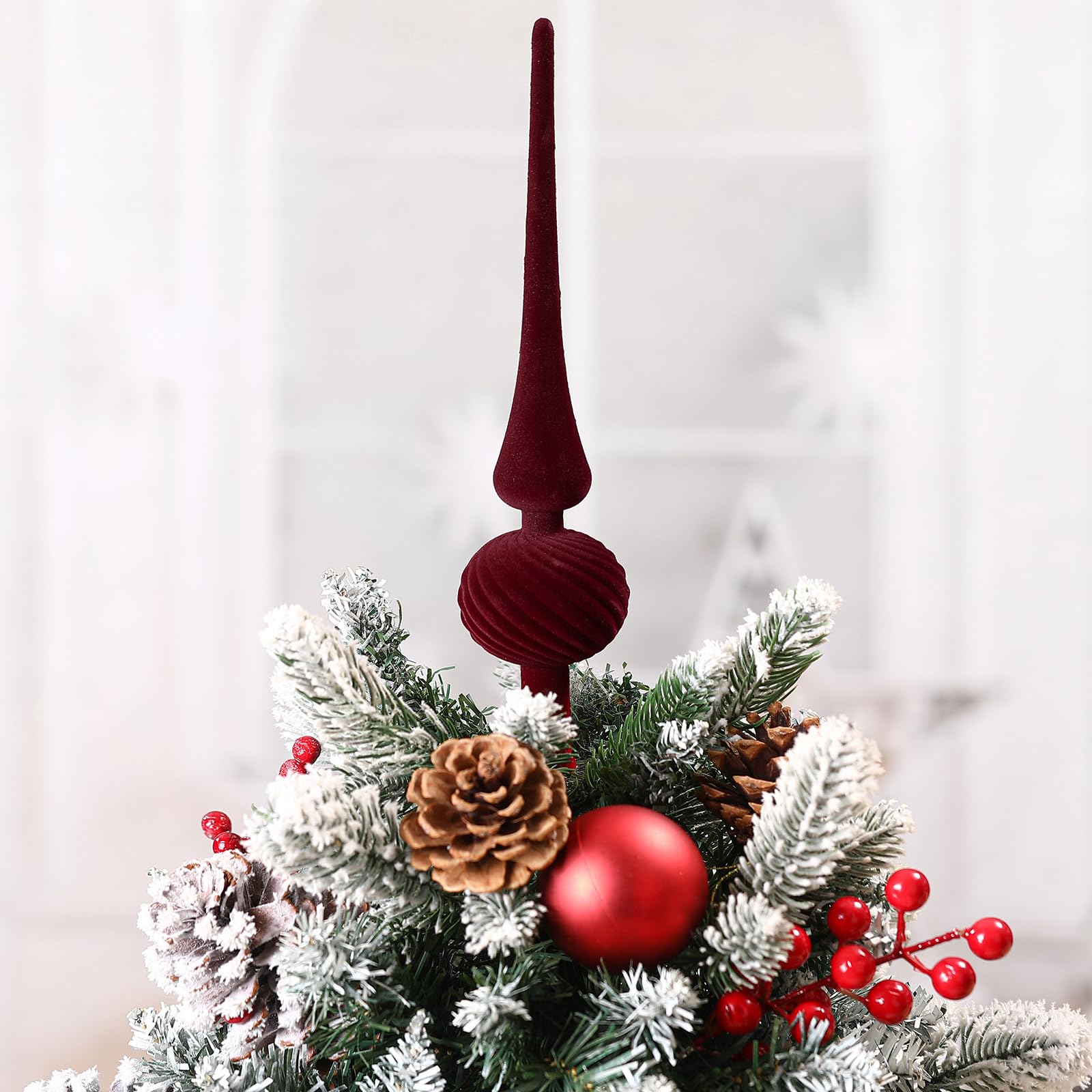 Sumind 11 Inch Burgundy Velvet Finial Christmas Tree Topper Vintage Spherical Tree Topper Velvet Finial Mid Century Christmas Or