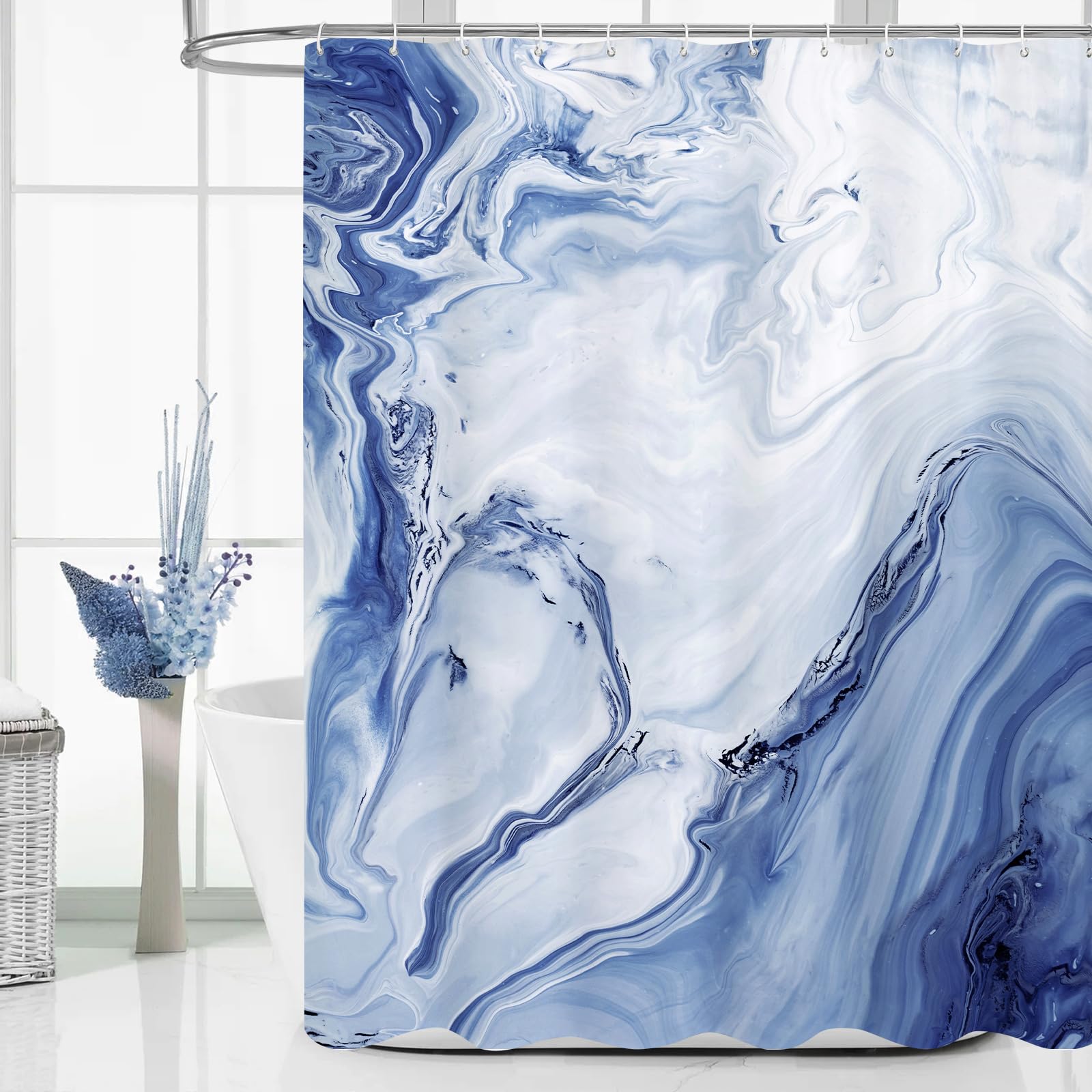 Mitovilla Navy Blue Marble Extra Long Shower Curtain Set 72 X 84, Modern Ombre 84 Inch Xl Shower Curtains For Chic Bathroom Deco