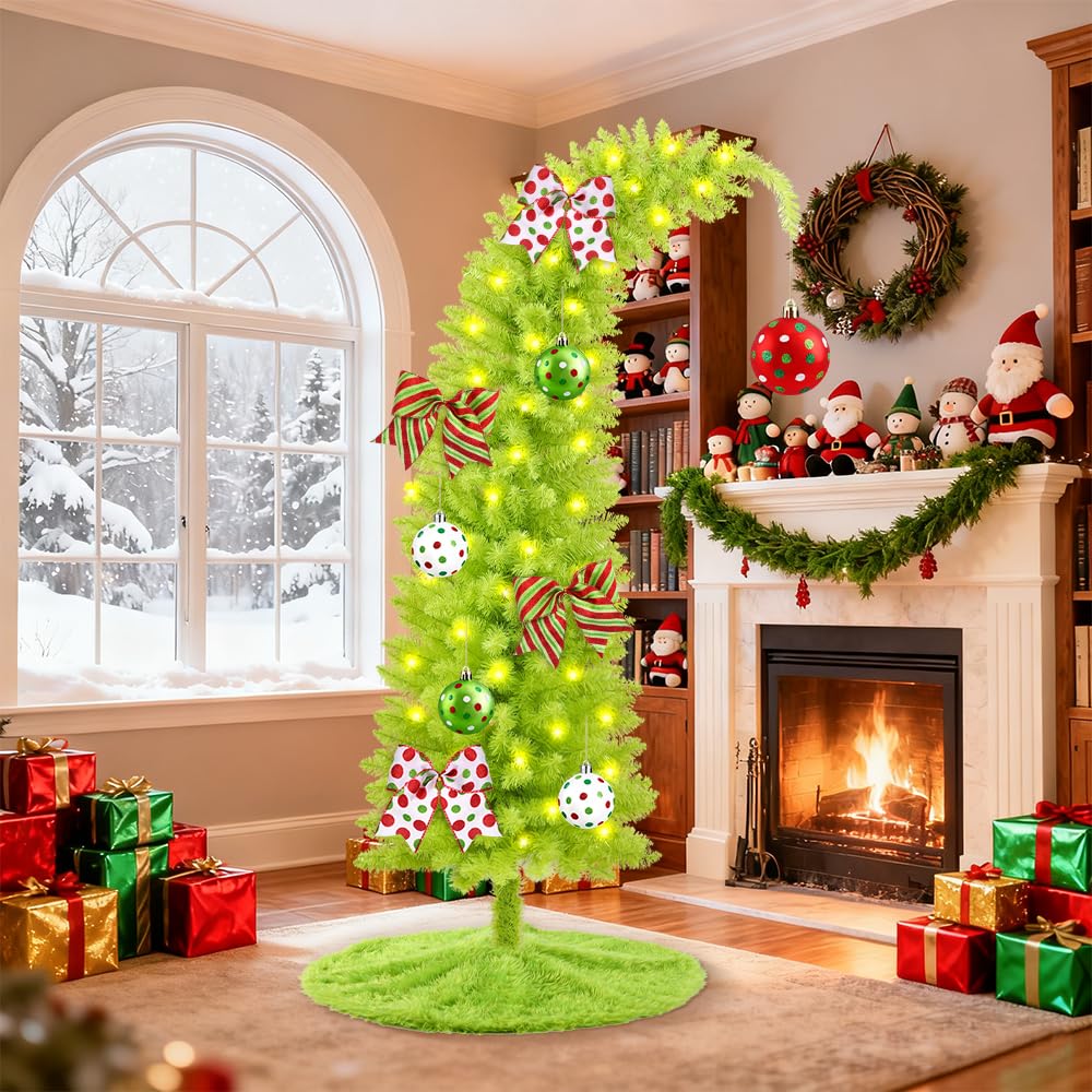 YUJUN 5.25ft Christmas Whimsical Bendable Artificial Tree, 150 LED Lights Christmas Green Tree Skirt with Timer 8 Lighting Modes