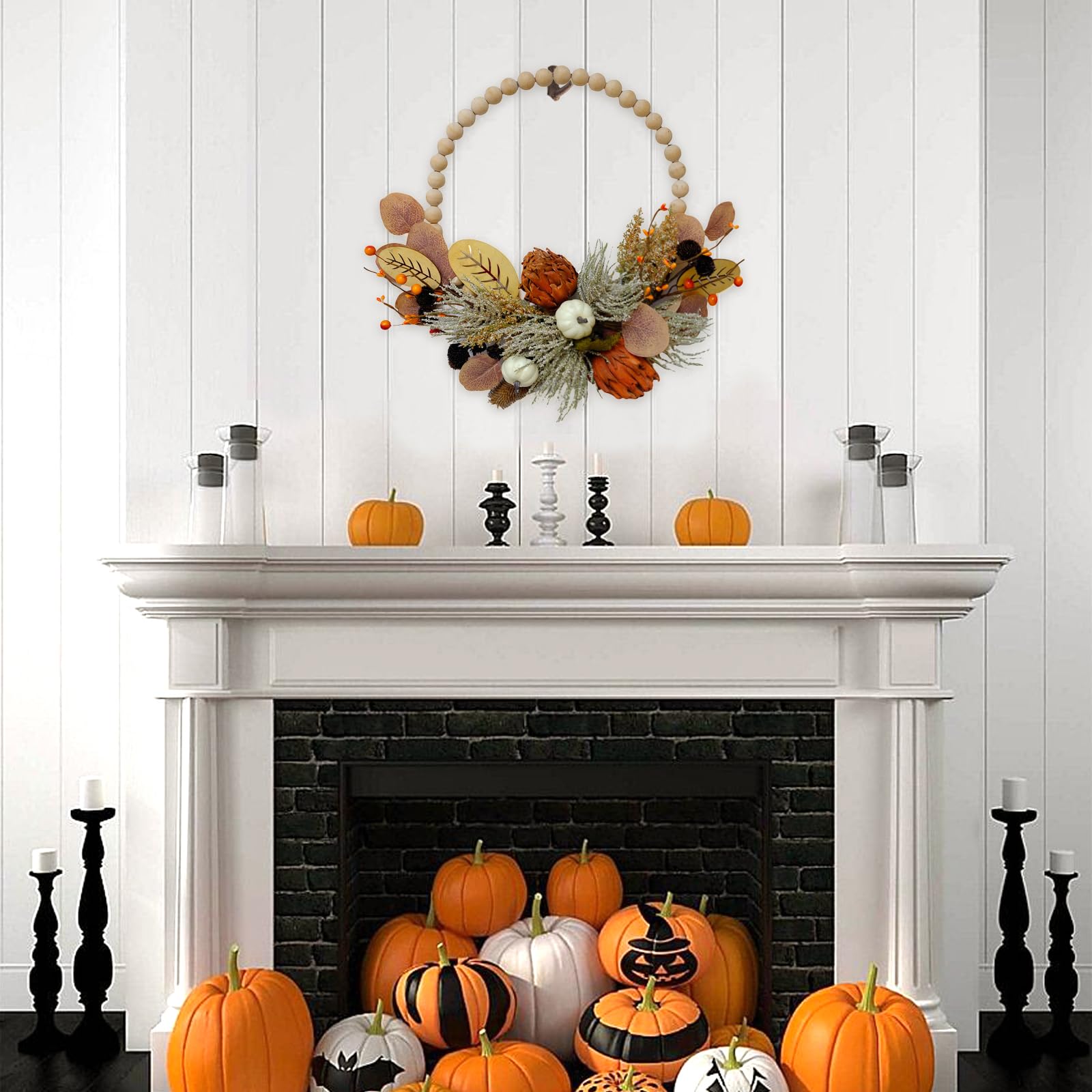 TEMPUS 16 Artificial Fall Wooden Beads Wreath with Leaves, Chrysanthemums & Mini Pumpkins - Handcrafted Harvest Decor for Front