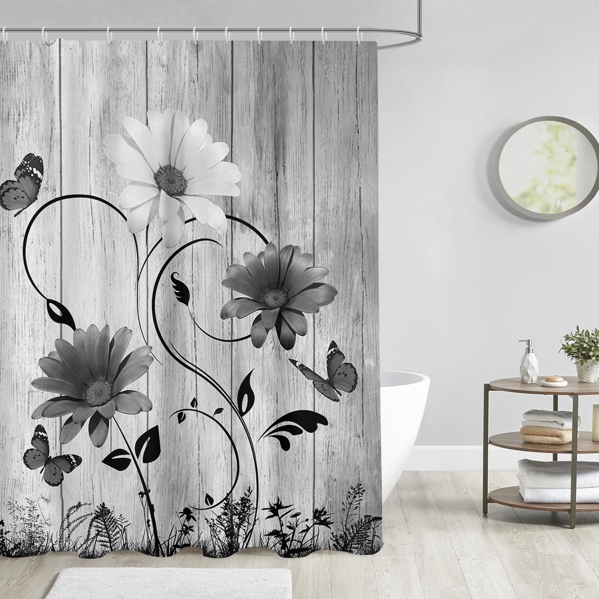 Aatter Black And White Floral Shower Curtain Grey Gray Flower Rustic Vintage Butterfly Abstract Leaves Plant Botanical Polyester
