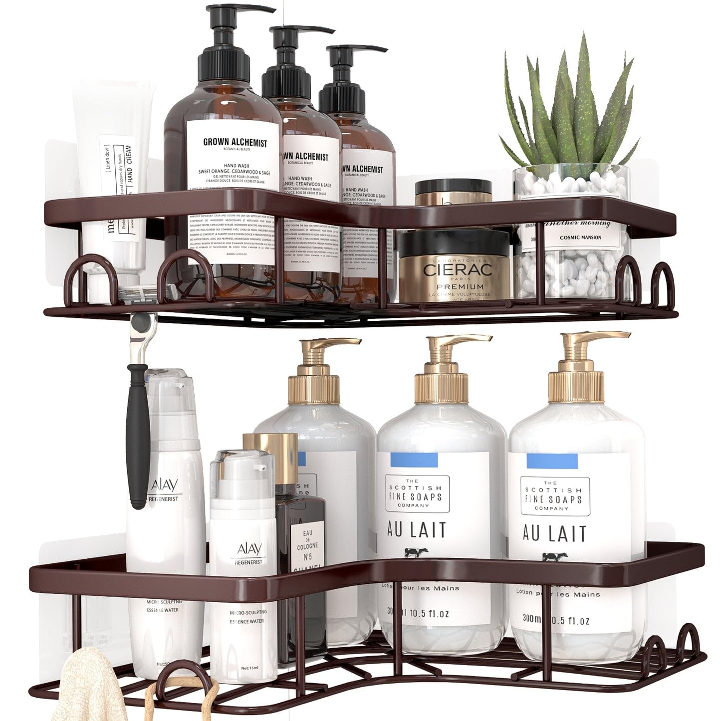 Sakugi Corner Shower Caddy - 2 Pack, Adhesive Shower Organizers, Rustproof Stainless Steel Shower Shelves With 8 Hooks, No Drill