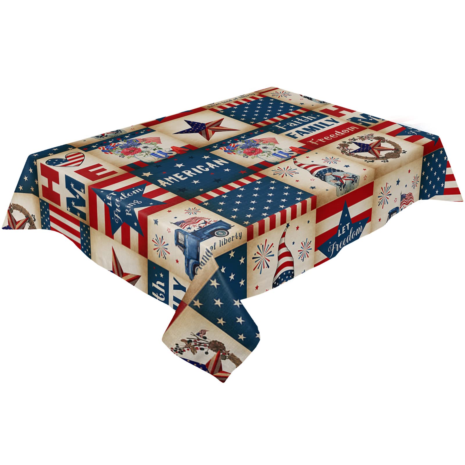 Independence Day Rectangle Dining Table Cloths  Vintage 4th of July Lattice Linen Tablecloth American Star Flag Checker Tables Cover for Kitchen Dinner Indoor Outdoor Holiday Party Decor 60x84in