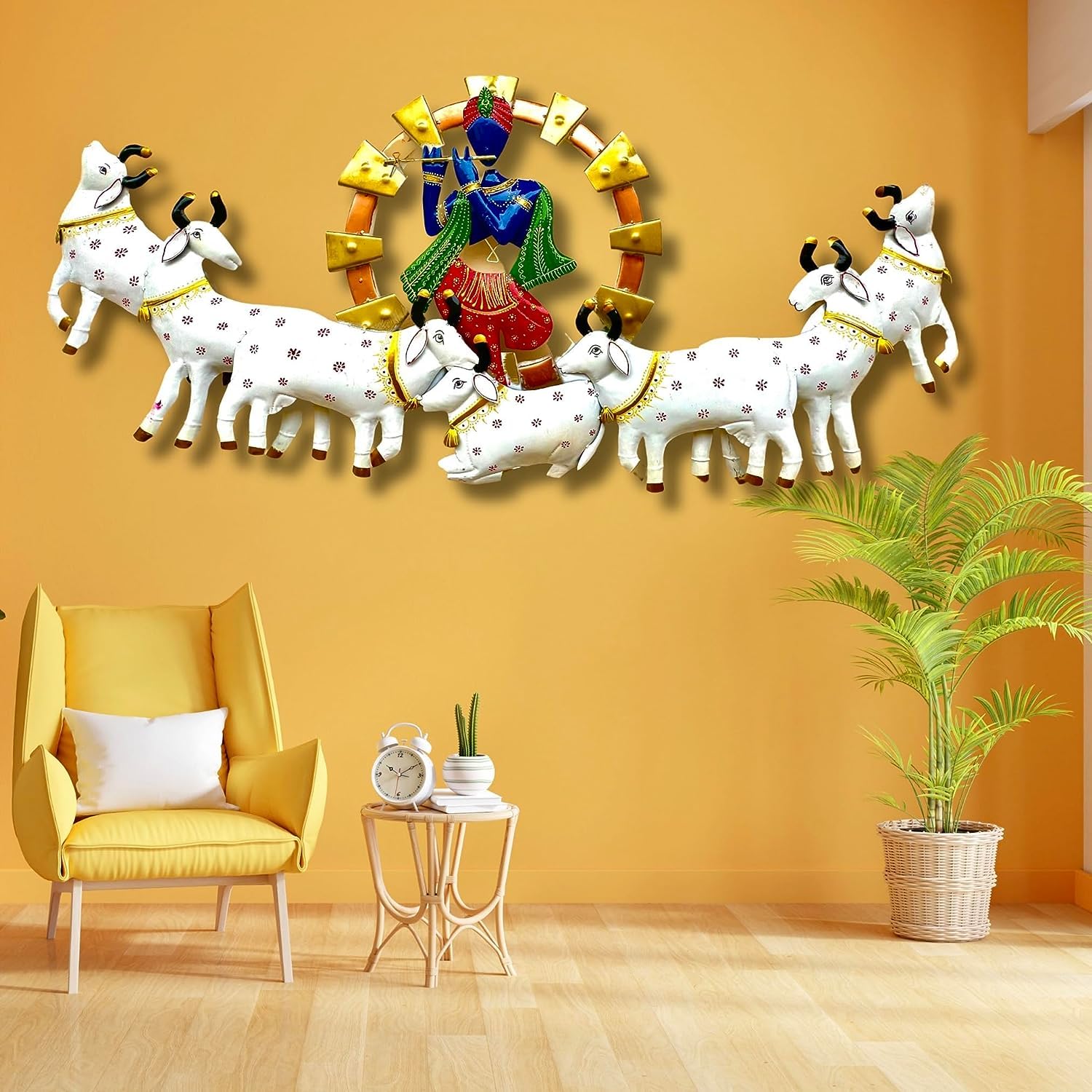Metal Krishna Playing Basuri With Cow Wall Hanging For Home Decoration, Wall Sculpture For Living Room, Wall Hanging Decorative