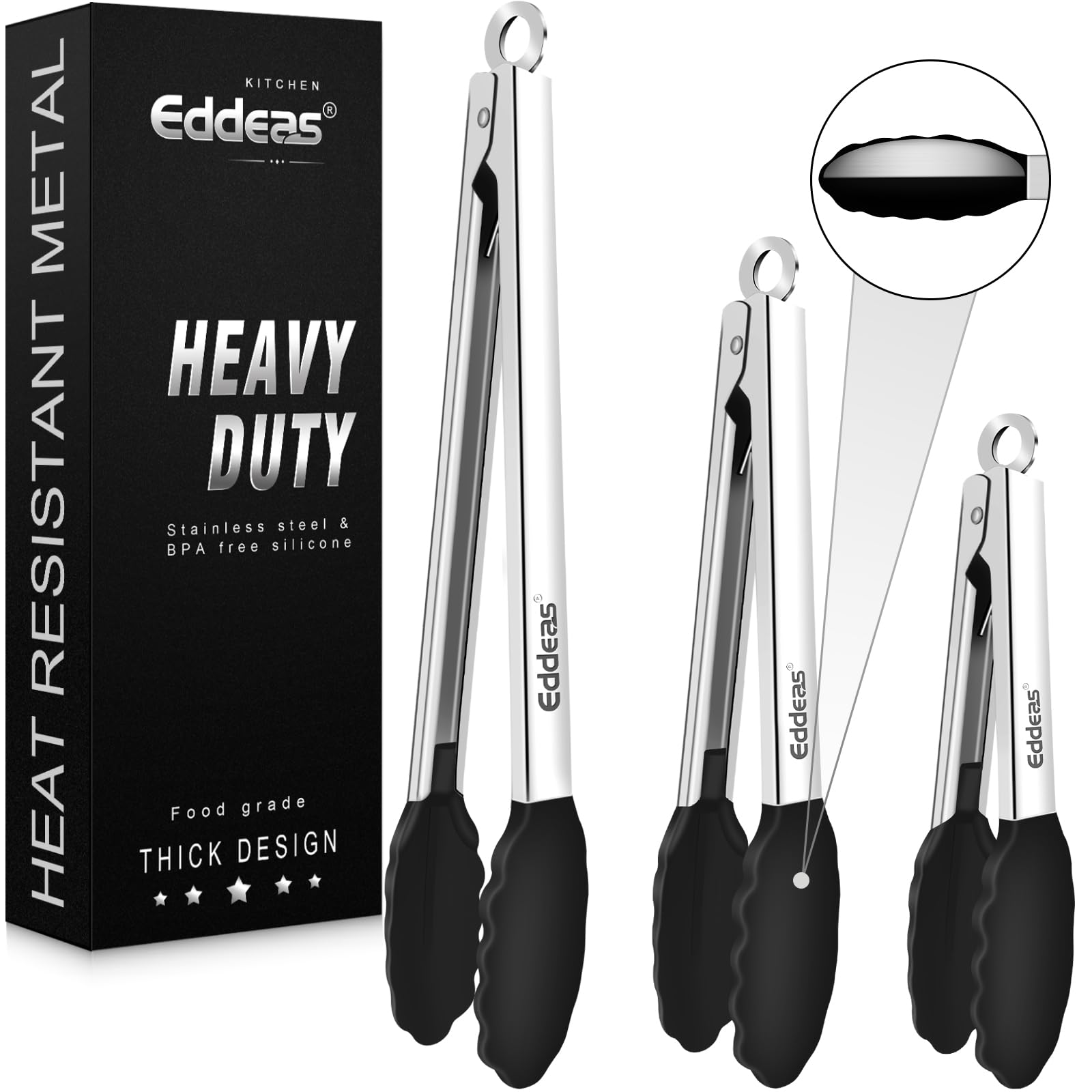Kitchen Tongs with Silicone Tips, Heat Resistant 600 Degrees All Metal handle Locking Tongs For Cooking with Rubber Tips, Heavy 