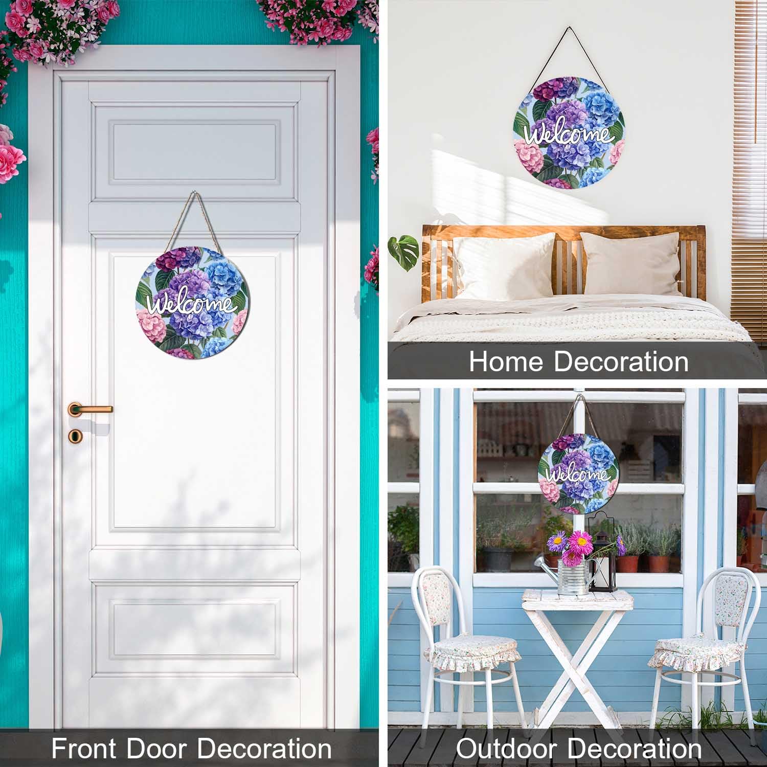 Ceutoiy Welcome Hanging Sign Front Door Decor Hydrangea Floral, Wooden ...