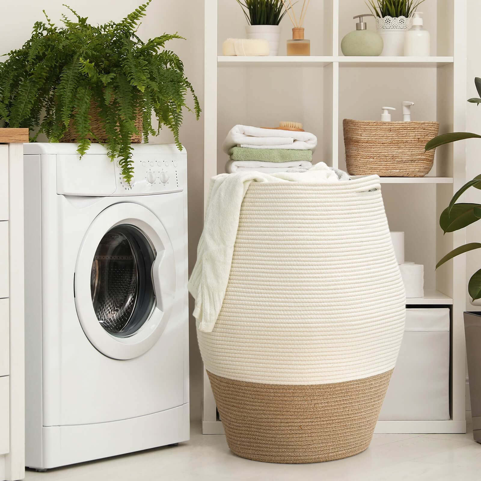 Goodpick Large Laundry Hamper | Tall Wicker Hamper Laundry Basket  Soft Cotton Rope Woven Hamper  Farmhouse Design Graceful Curve Basket 25.6 Inches Height