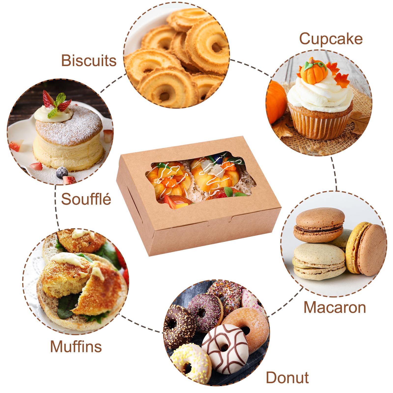 TOMNK 48pcs 8x6x2.5 Inches Cookie Boxes Bakery with Window Brown Treat Pastry Dessert for Chocolate Strawberries Muffins Donuts and Party Favor (3 Style Windows)
