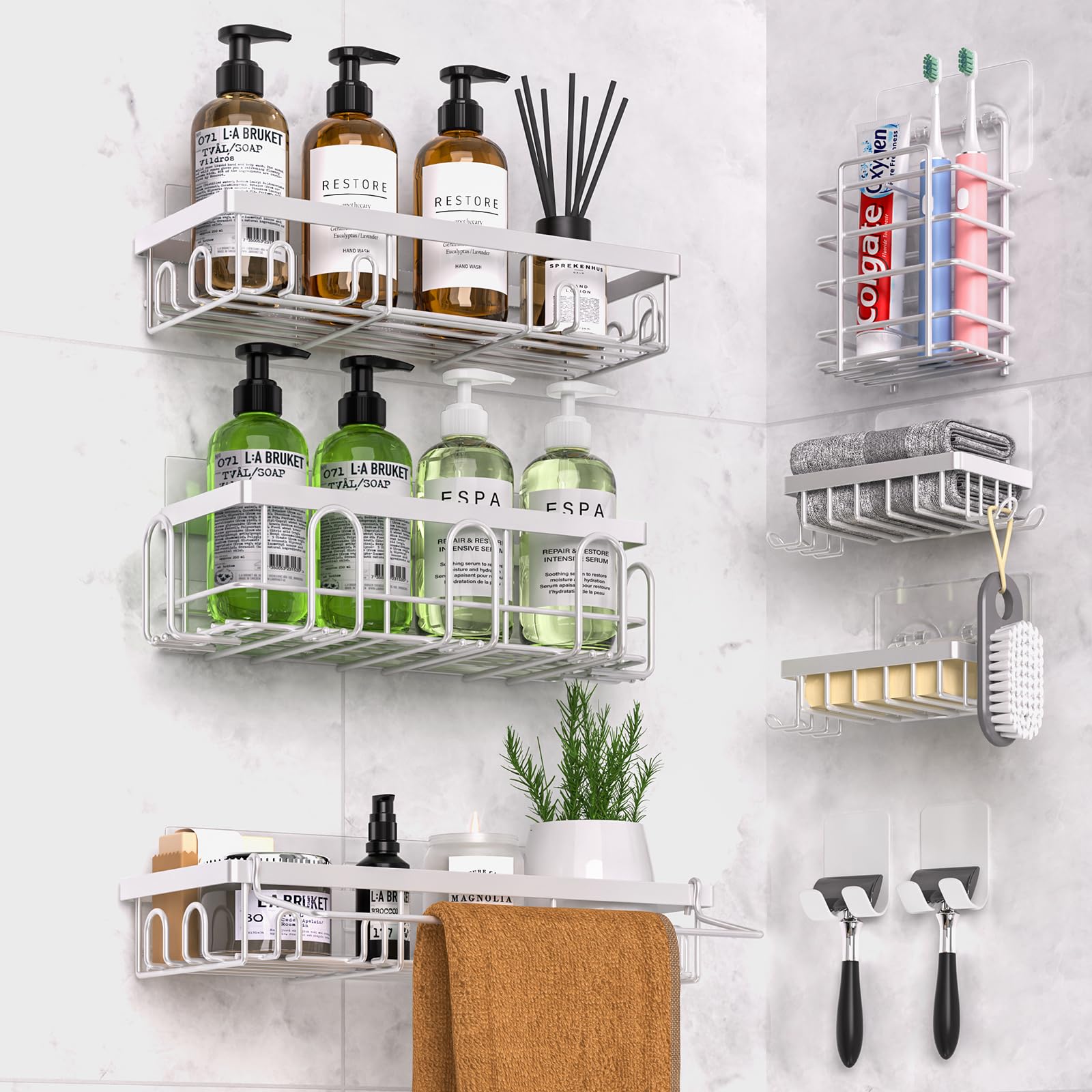 Dtuqyx Shower Caddy 9 Pack,Adhesive Organizer For Bathroom Decor Accessories & Kitchen Storage,No Drilling,Large Capacity,Rustpr