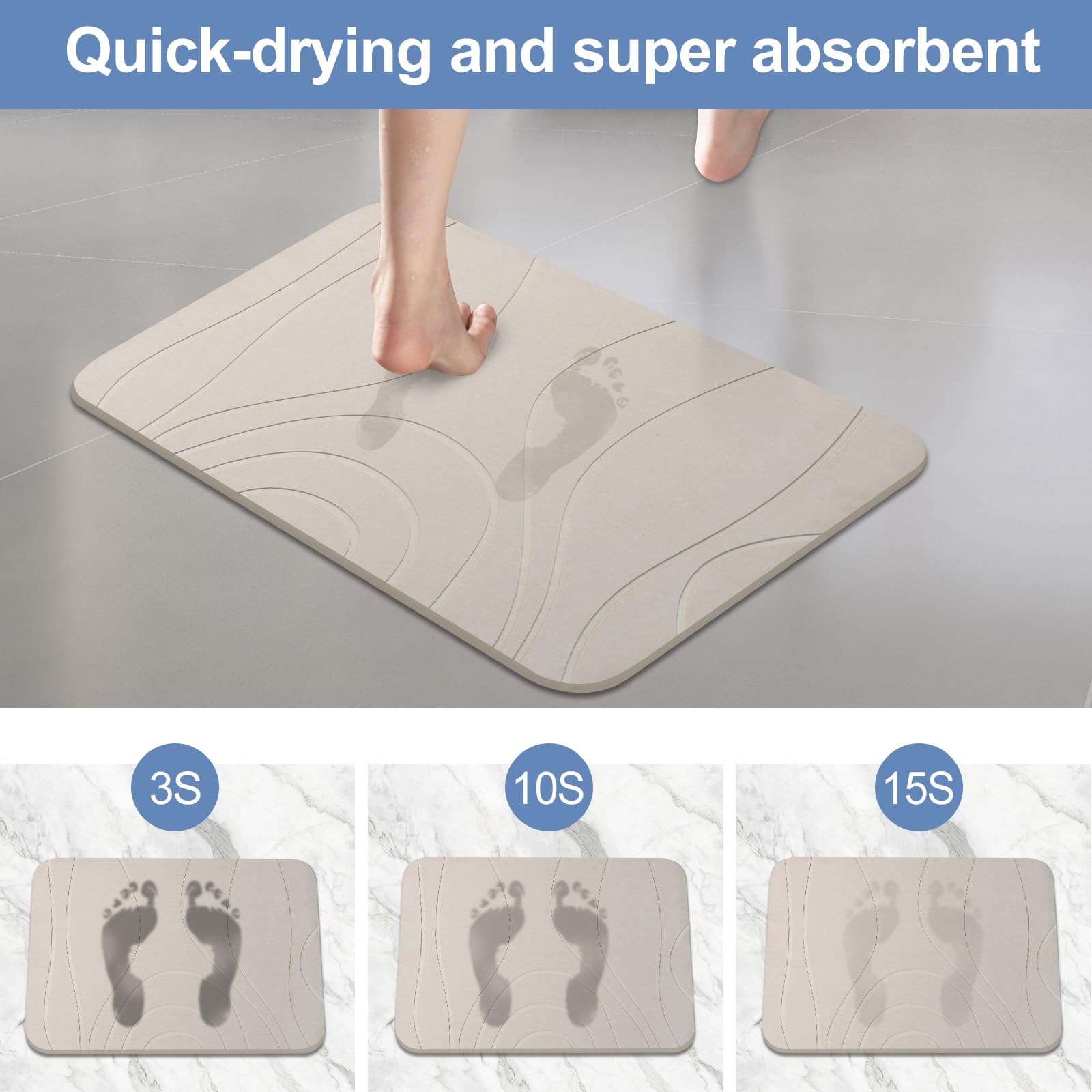 Humiga Stone Bath Mat, Diatomaceous Earth Shower Mat, Set Of 3, Non-Slip Super Absorbent Quick Drying Bathroom Floor Mat, 24X15,