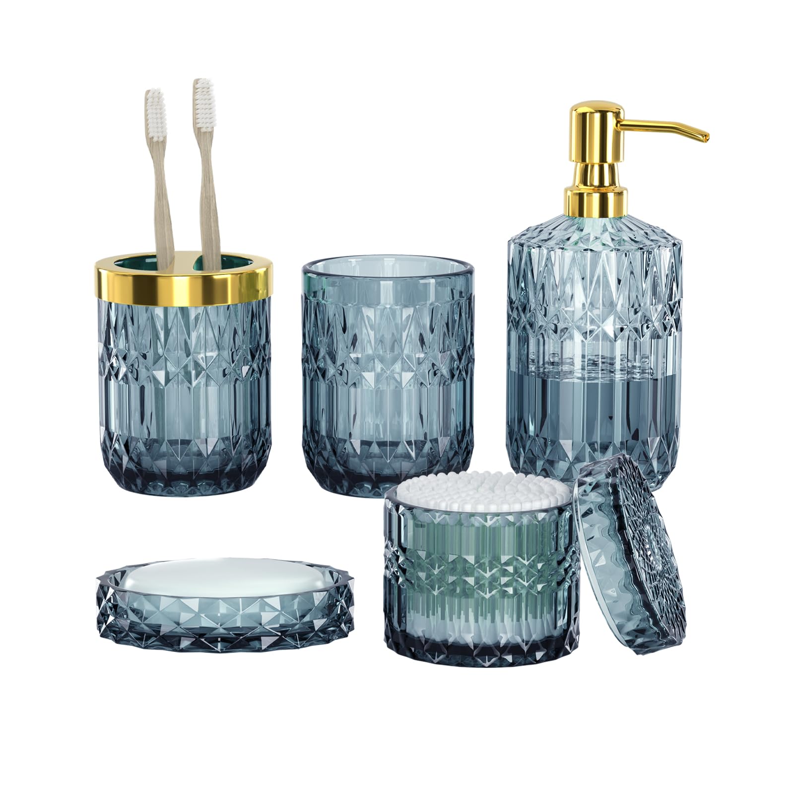Blue Bathroom Accessories Set - 5Pcs Clear Glass Bathroom Accessory Set (Toothbrush Holders, Soap Dispenser, Soap Dish, Tumbler,