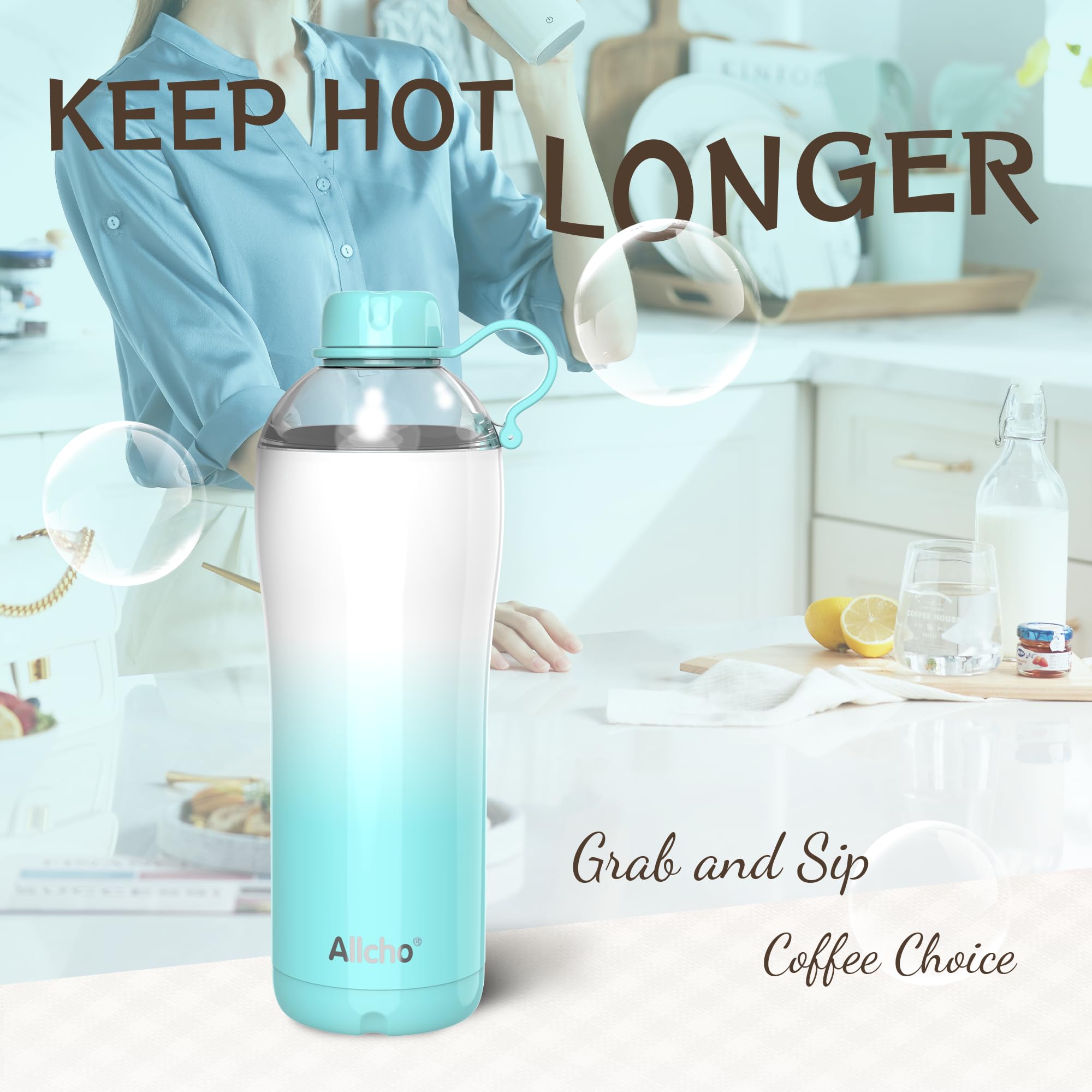 Allcho Insulated Water Bottle for Women, 24 oz Stainless Steel Water Bottles, Double Walled, 2 Lids (Chug & Tumbler) - Hydrate &