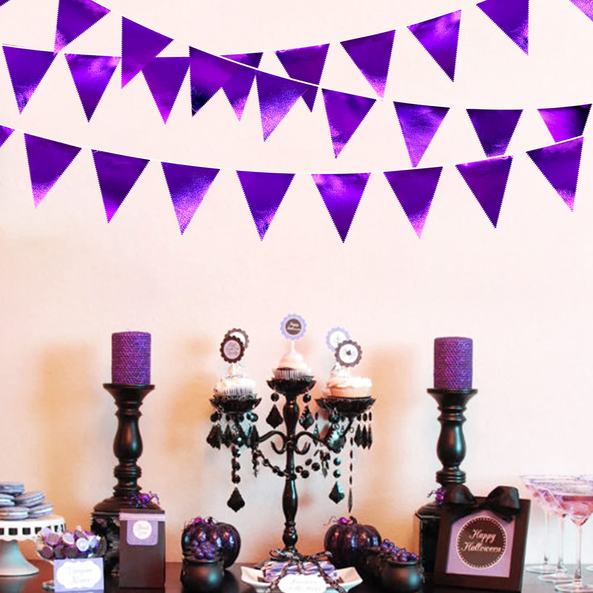 Purple Party Decorations Triangle Pennant Banner Flag Dark Purple Metallic Fabric Bunting Garland For Graduation Wedding Bridal