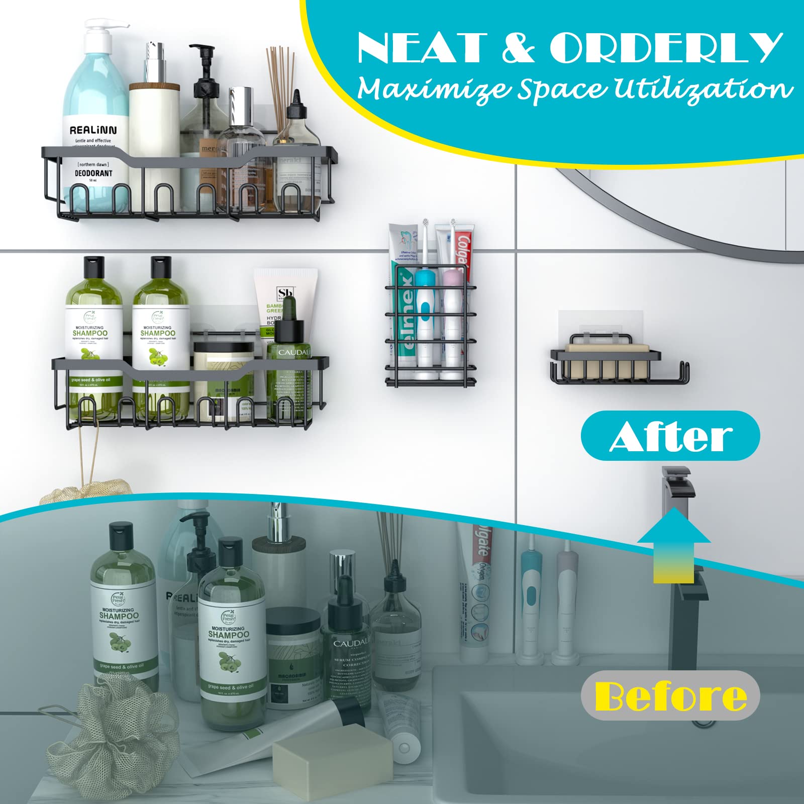 Realinn Shower Caddy, [5-Pack] Shower Shelves For Inside Shower, Adhesive Shower Organizer, No Drilling Rustproof Stainless Stee