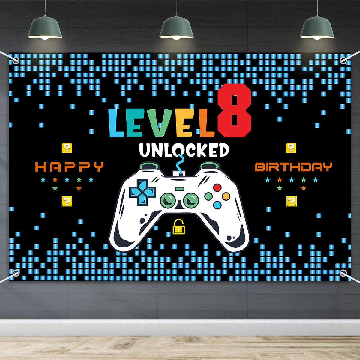Hamigar 6X4Ft Happy 8Th Birthday Baner Backdrop - Level 8 Unlocked Birthday Decorations Party Supplies For Boys - Blue