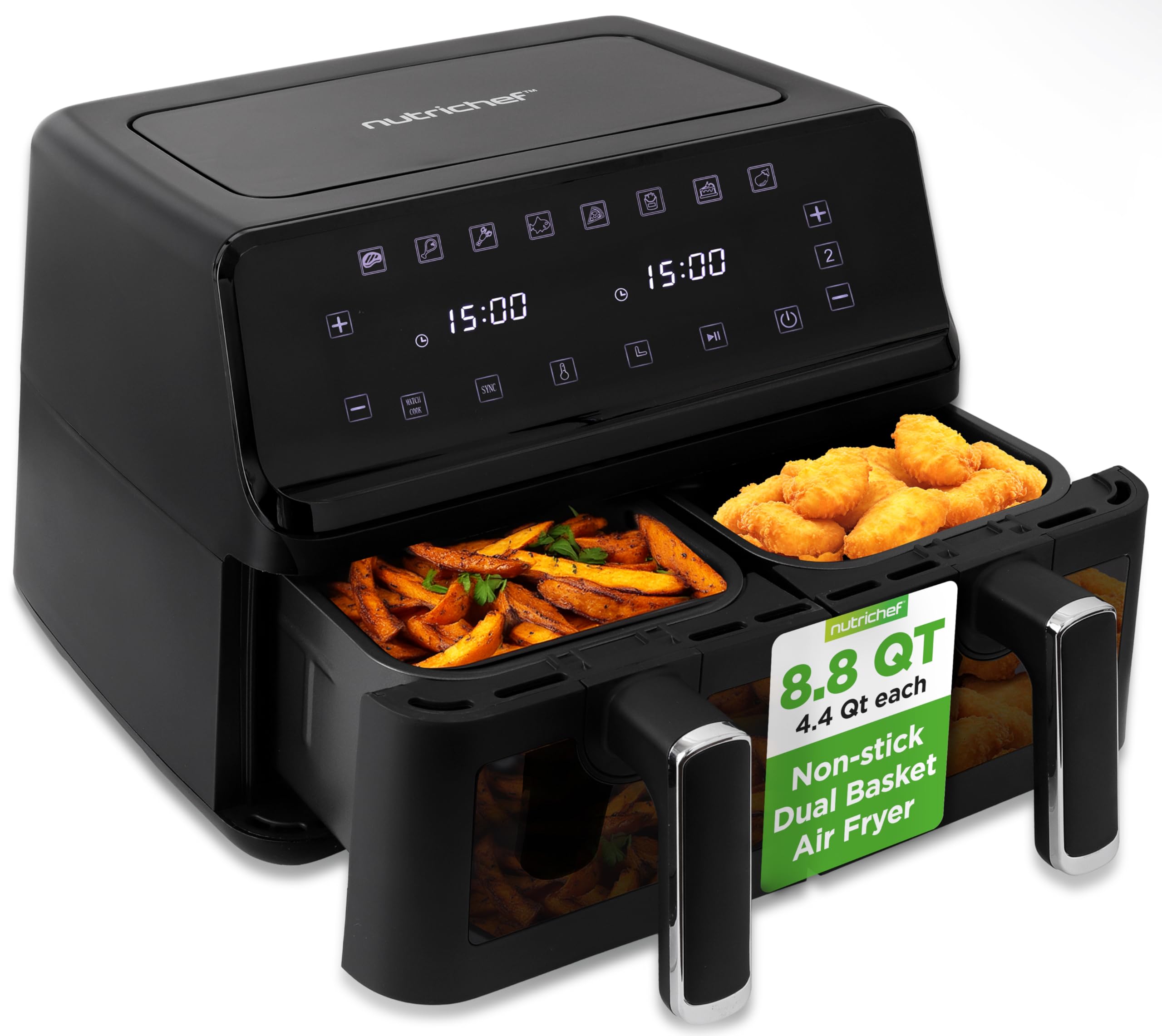 NutriChef Double Basket Air Fryer 8.8 QT Family Size Oil Free Digital Cooker with Transparent Window 9-1 Preset Cooking Options 