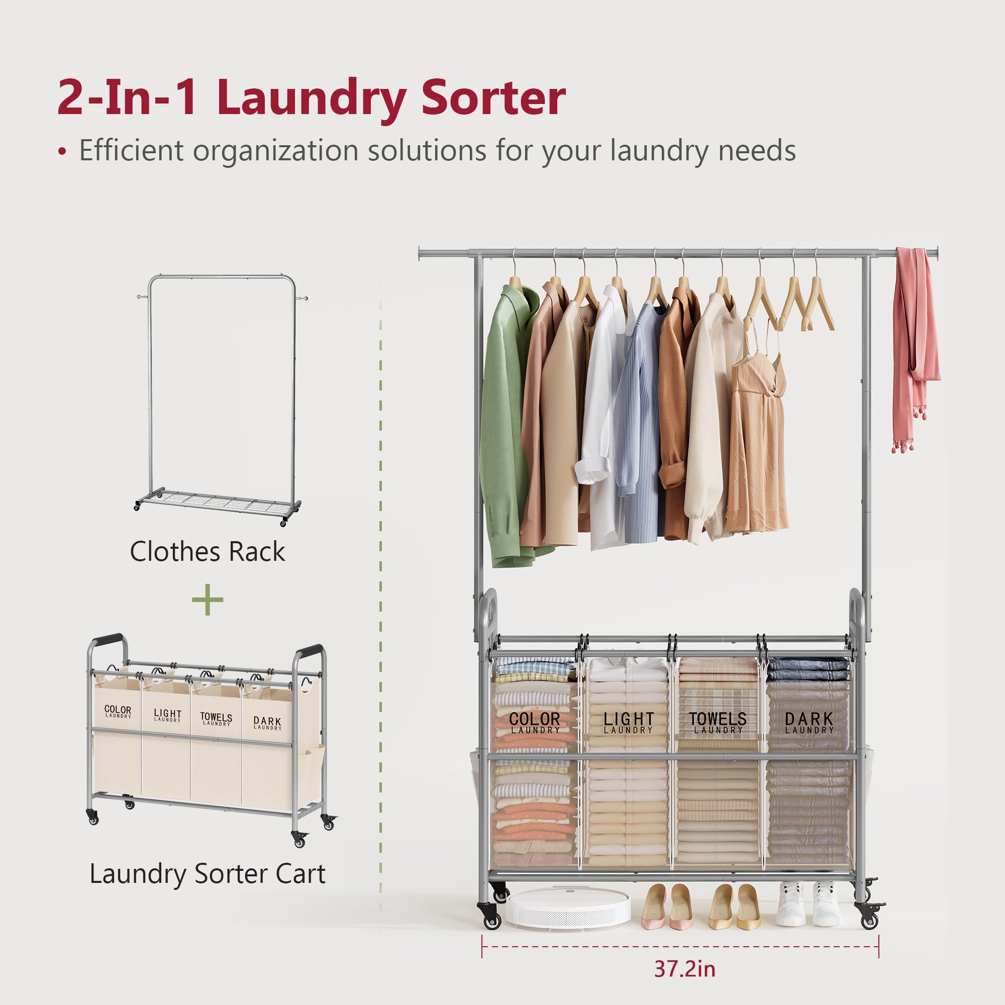 Tajsoon Laundry Hamper With Hanging Rack, Laundry Sorter 4 Sections, 4 Basket Butler With Lockable Wheels And Removable Bag, Rol