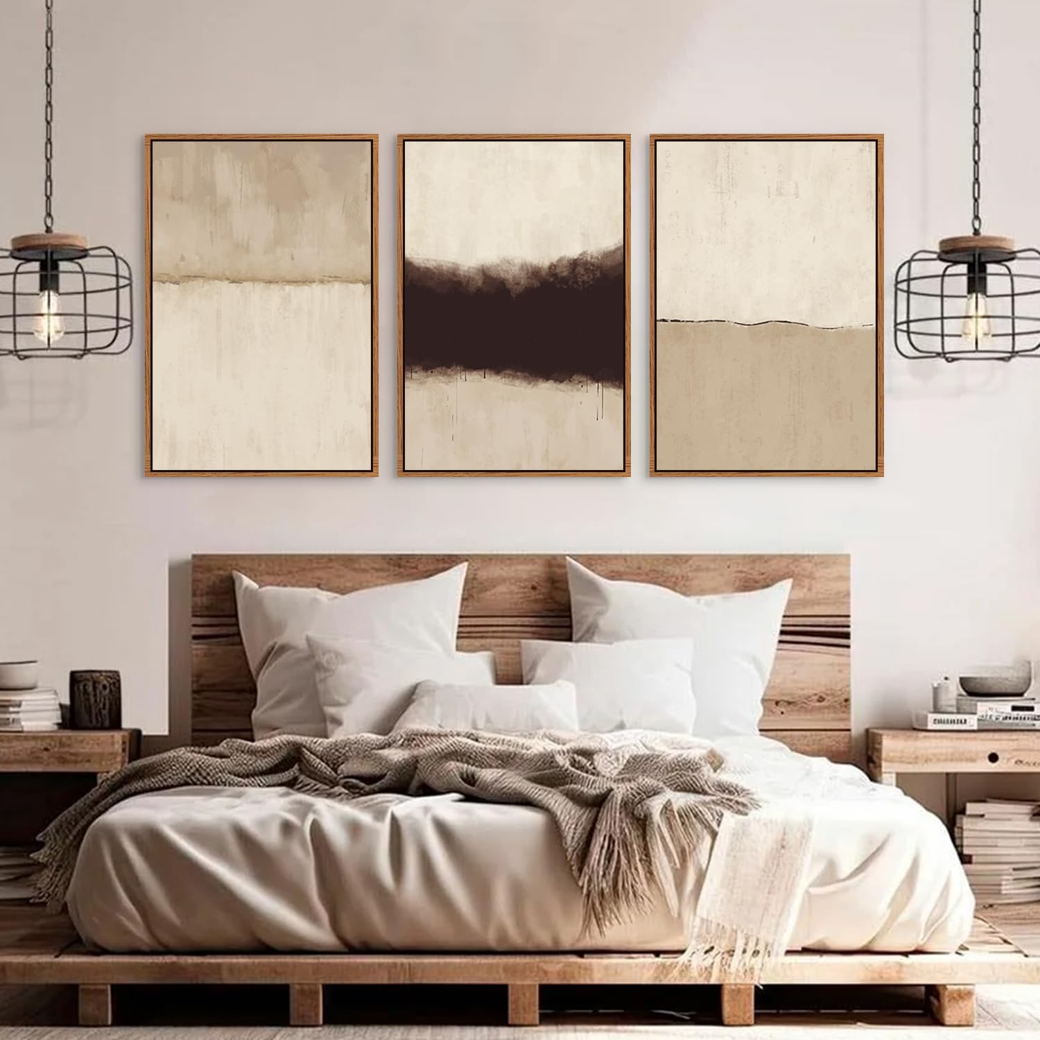 Chditb Large Abstract Framed Canvas Wall Art Set, Modern Neutral Wall Decor, Minimalist Textured Wall Painting, Beige Black Art