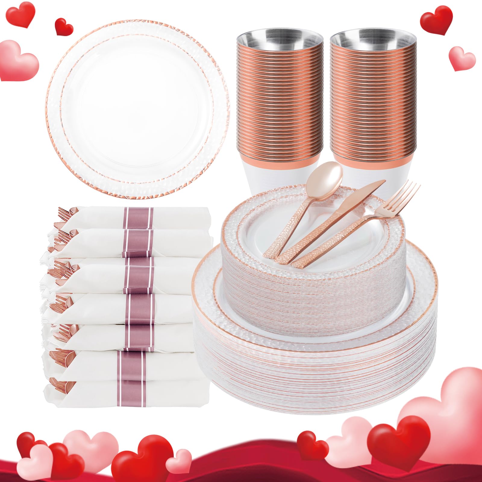Bestluck 350Pcs Clear Plastic Plates With Rose Gold Trim For 50 Guests, Disposable Dinnerware Set For Party, Valentine'S Day, In