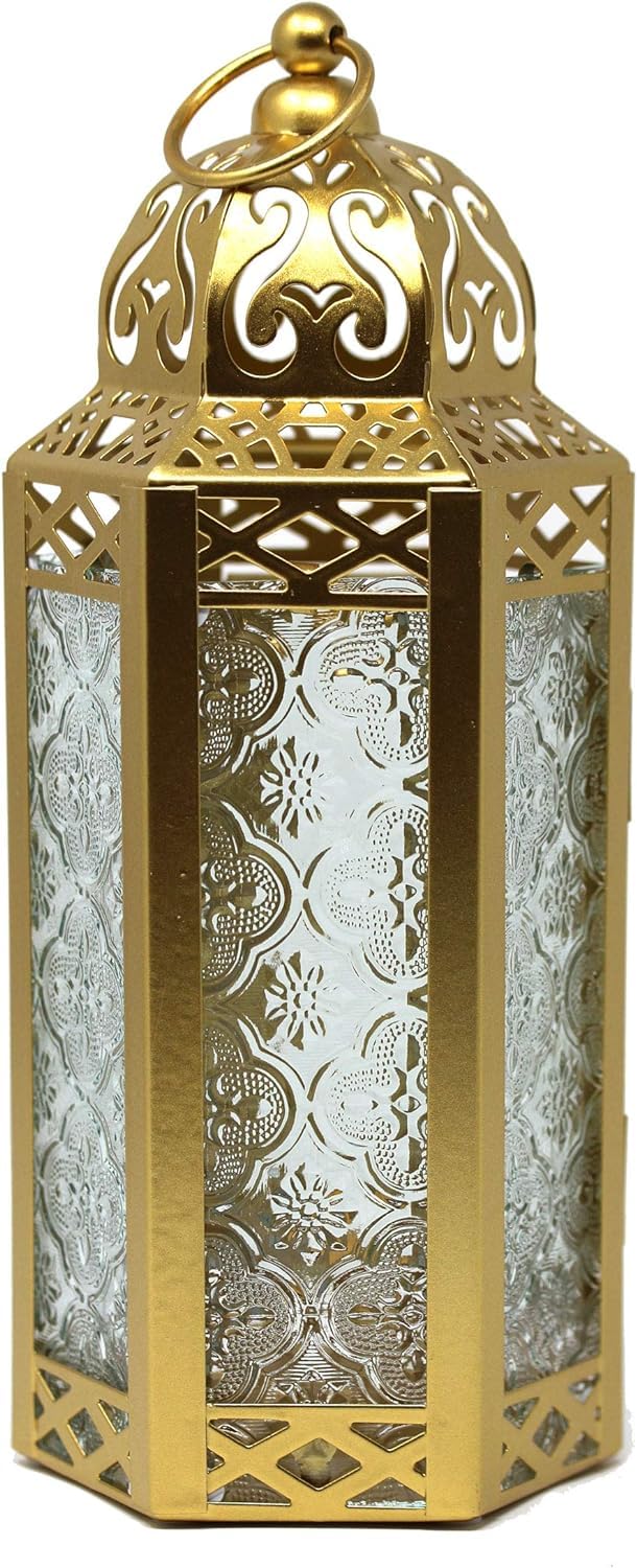 VELA LANTERNS 10.5 Gold Moroccan Candle Lantern Decorative Candle Holder Lamp for Table or Hanging, Ramadan Decorations, Indoor 