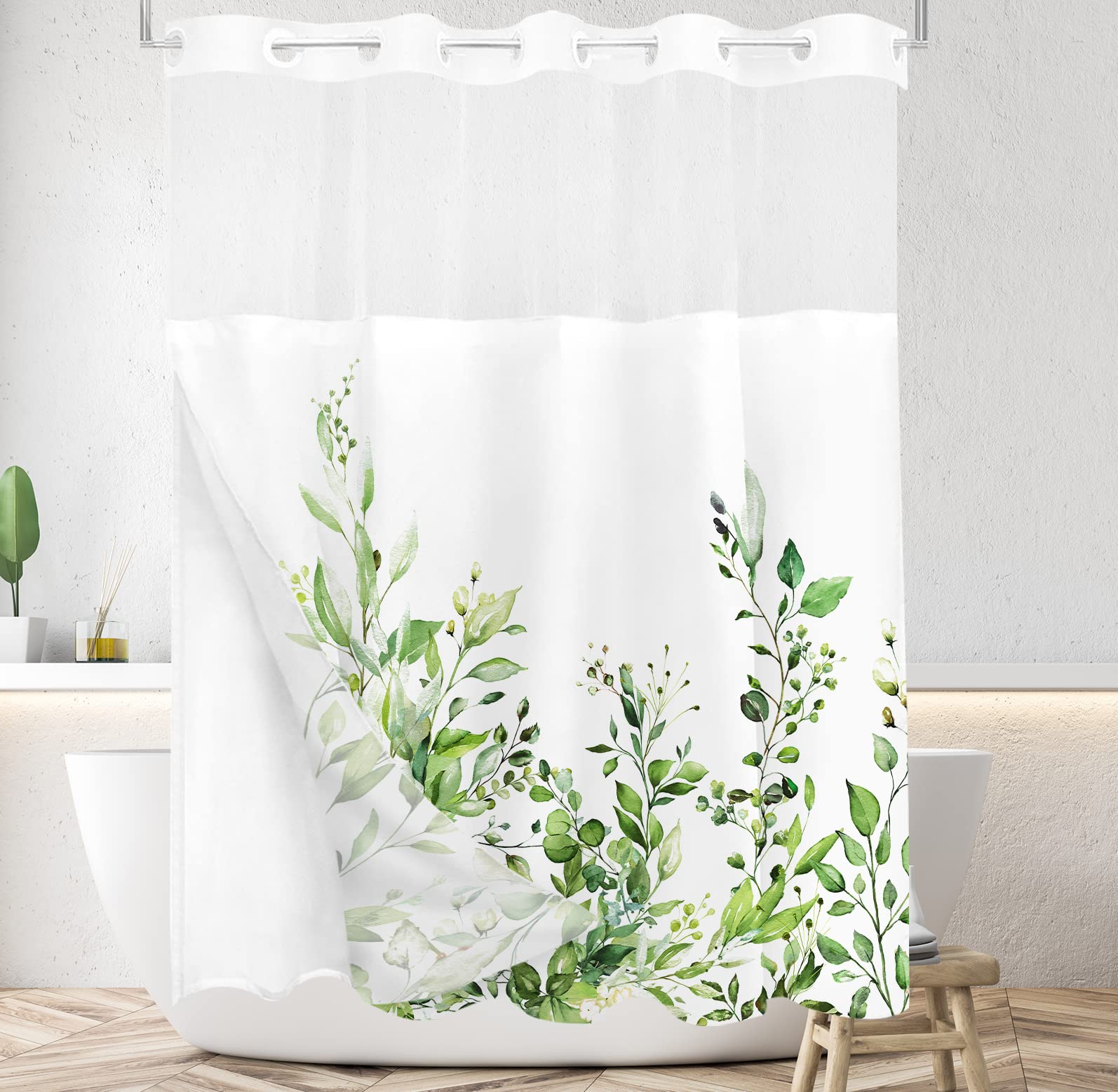 Tititex No Hooks Snap In Liner Greenery Green Eucalyptus Leaves Shower Curtain Sets, Hotel Luxury Double Layers Waterproof Fabri