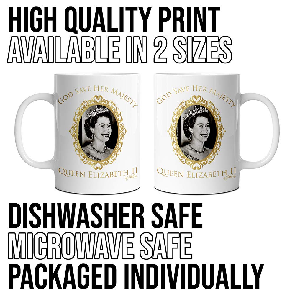 TWISTED ENVY Ceramic Novelty Mug for Coffee and Tea - God Bless Queen Elizabeth II Prints Cup - Funny Gifts for Home and Office,