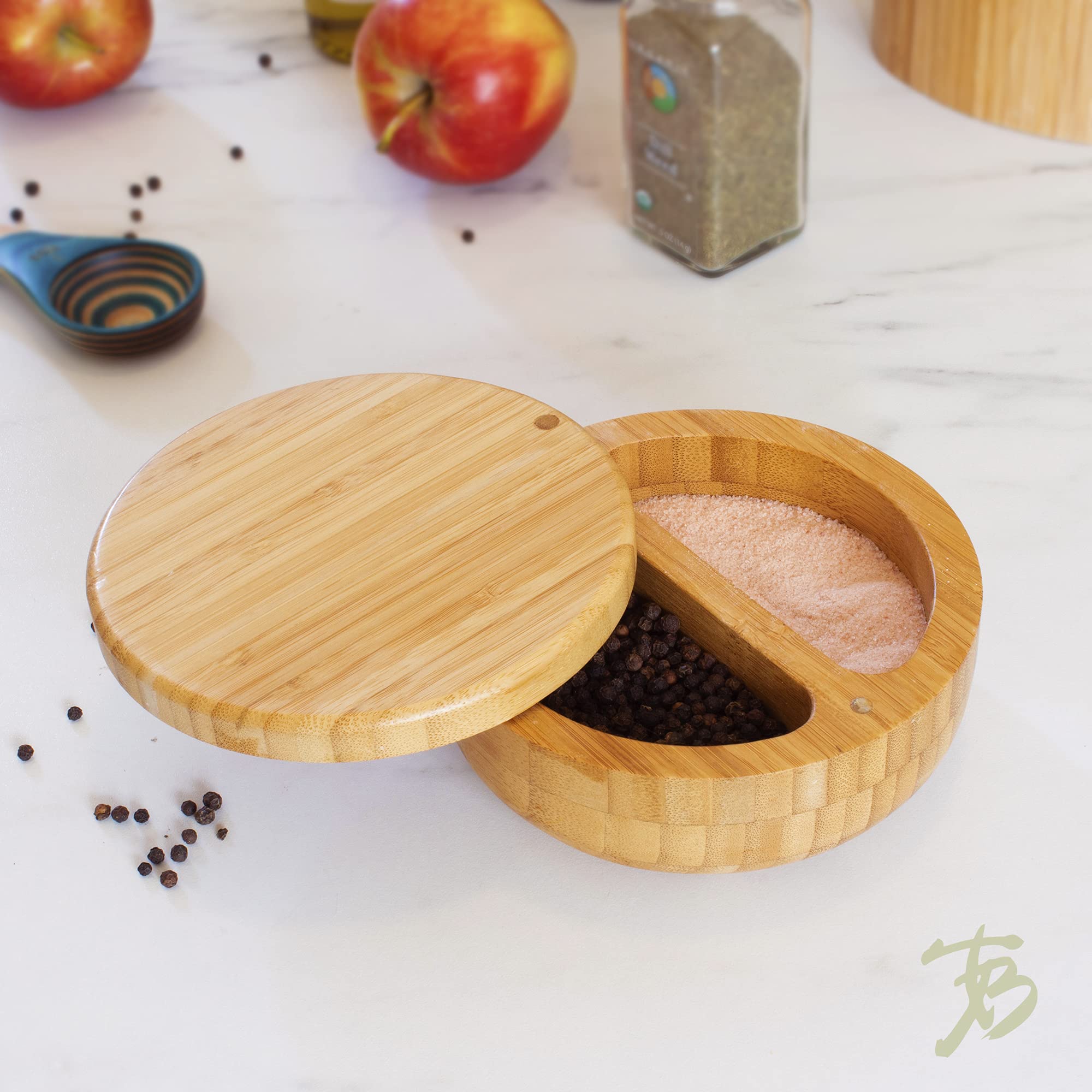 Totally Bamboo Salt Keeper Duet Salt And Pepper Bowl, Salt Cellar And Storage Box With Two Compartments, Magnetic Swivel Lid