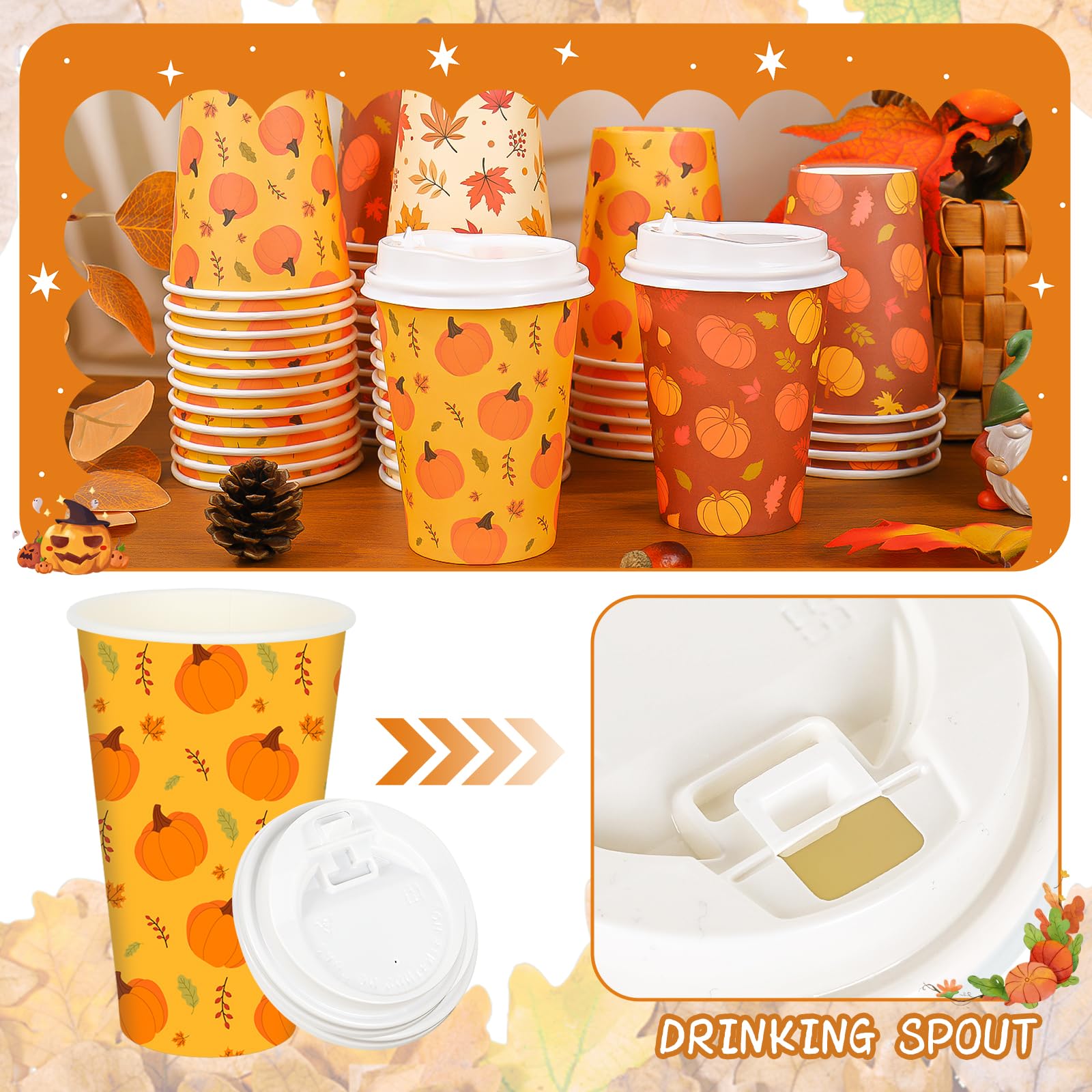 JarThenaAMCS 72 Sets Fall Thanksgiving Disposable Coffee Cups with Lids Maple Leaf Pumpkin Paper Drinking Cup for Autumn Harvest