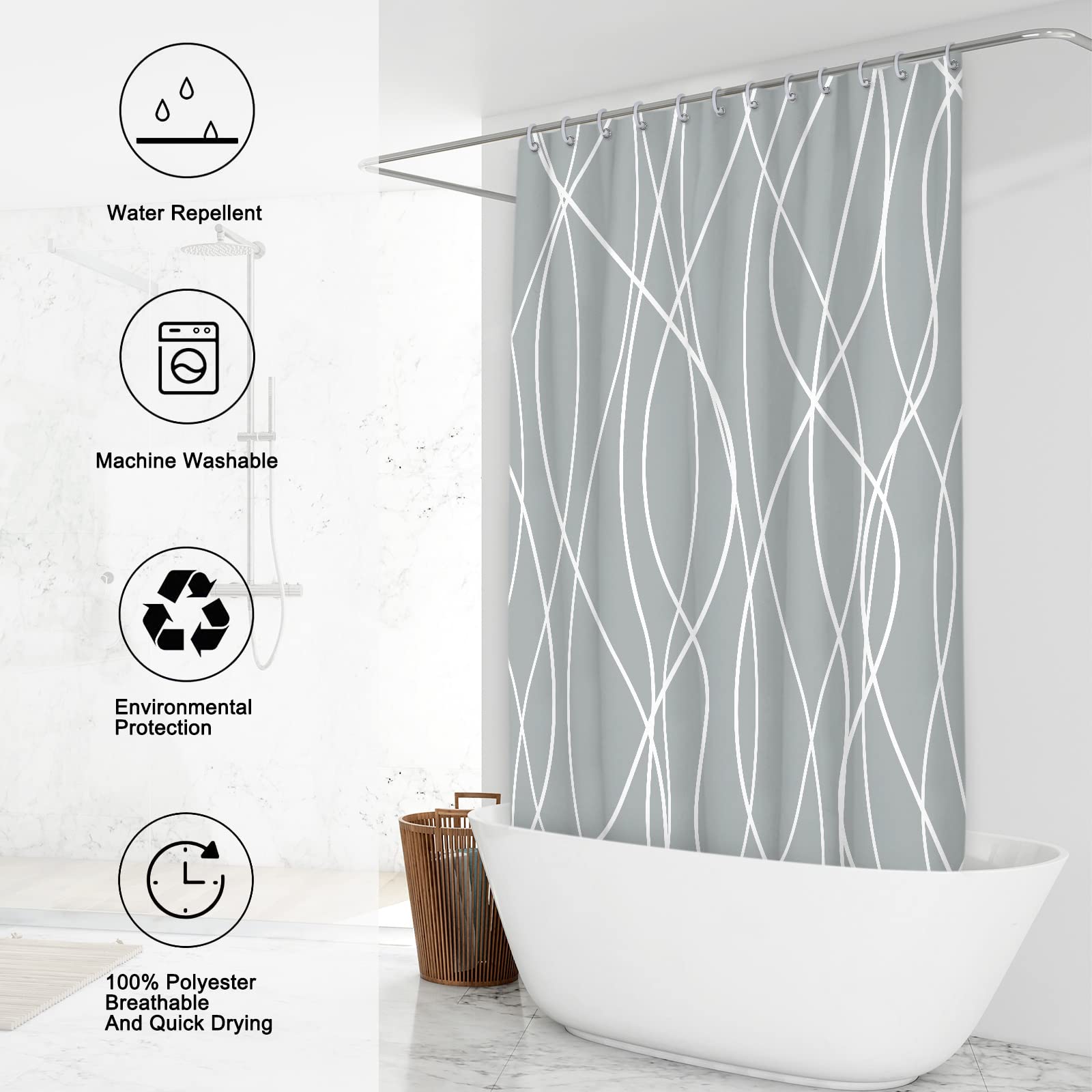 Punkray Light Grey Shower Curtain For Bathroom With Hooks,Shower Curtain Set Stripe Bath Curtains Decorative White Shower Curtai