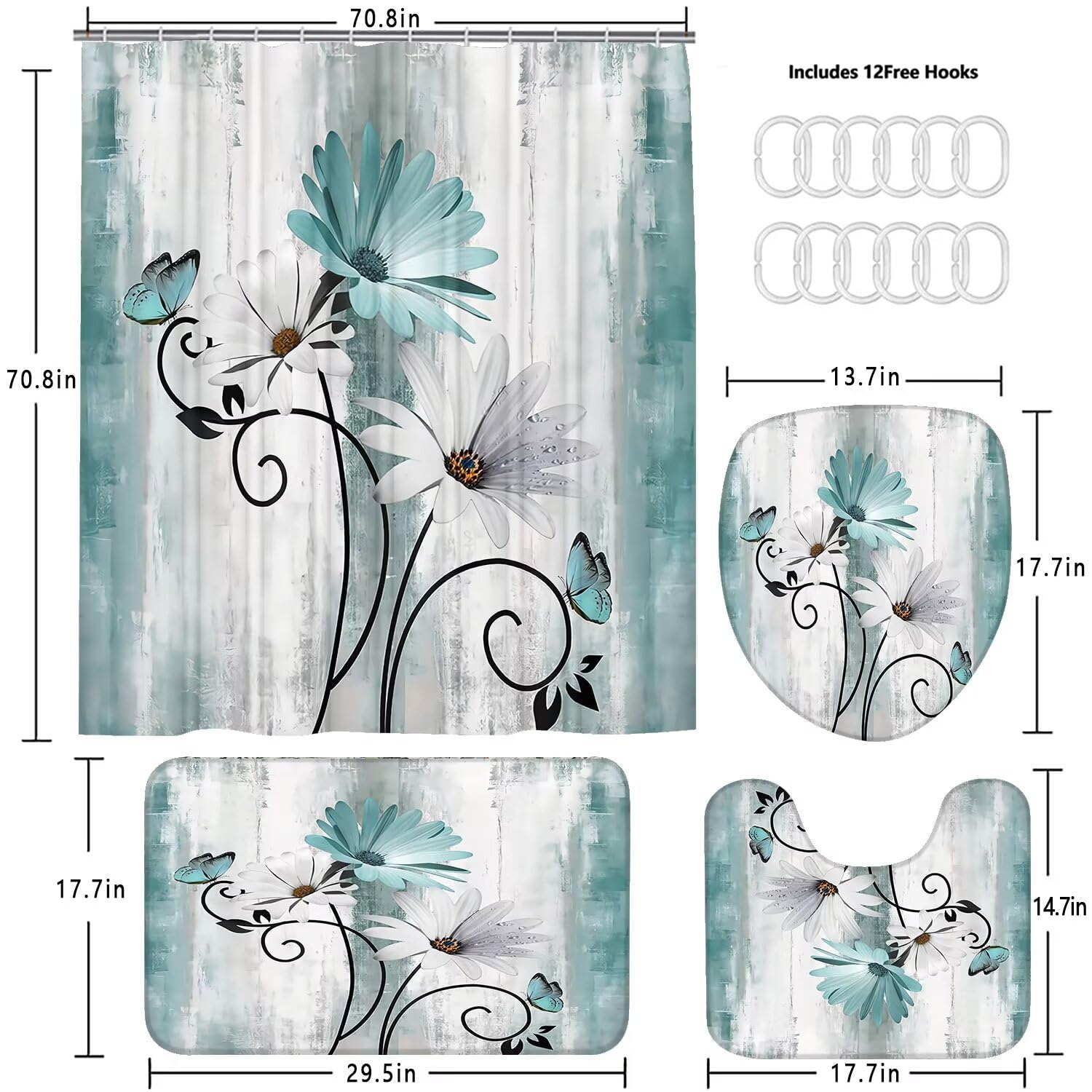 Azhm Rustic Farmhouse Shower Curtain Set 4Pcs Farm Teal Daisy Floral Bathroom Decor Set With Shower Curtain And Rugs And Accesso