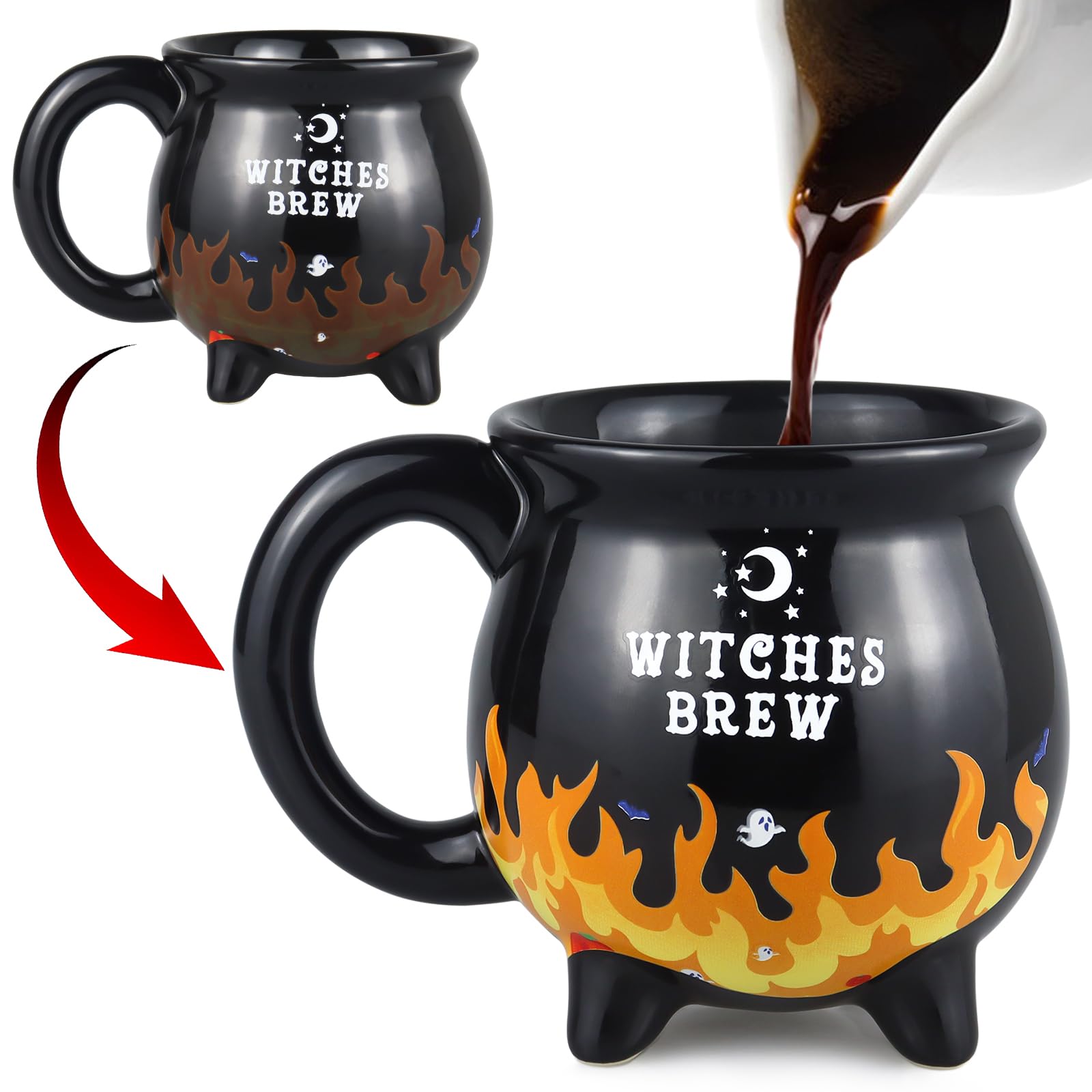 RAISLY Witch Brew Cauldron Coffee Mug, 300ml/10oz Heat Flame Color Changing Beverage Mugs, Adorable Sorceresss Potion Themed Wat