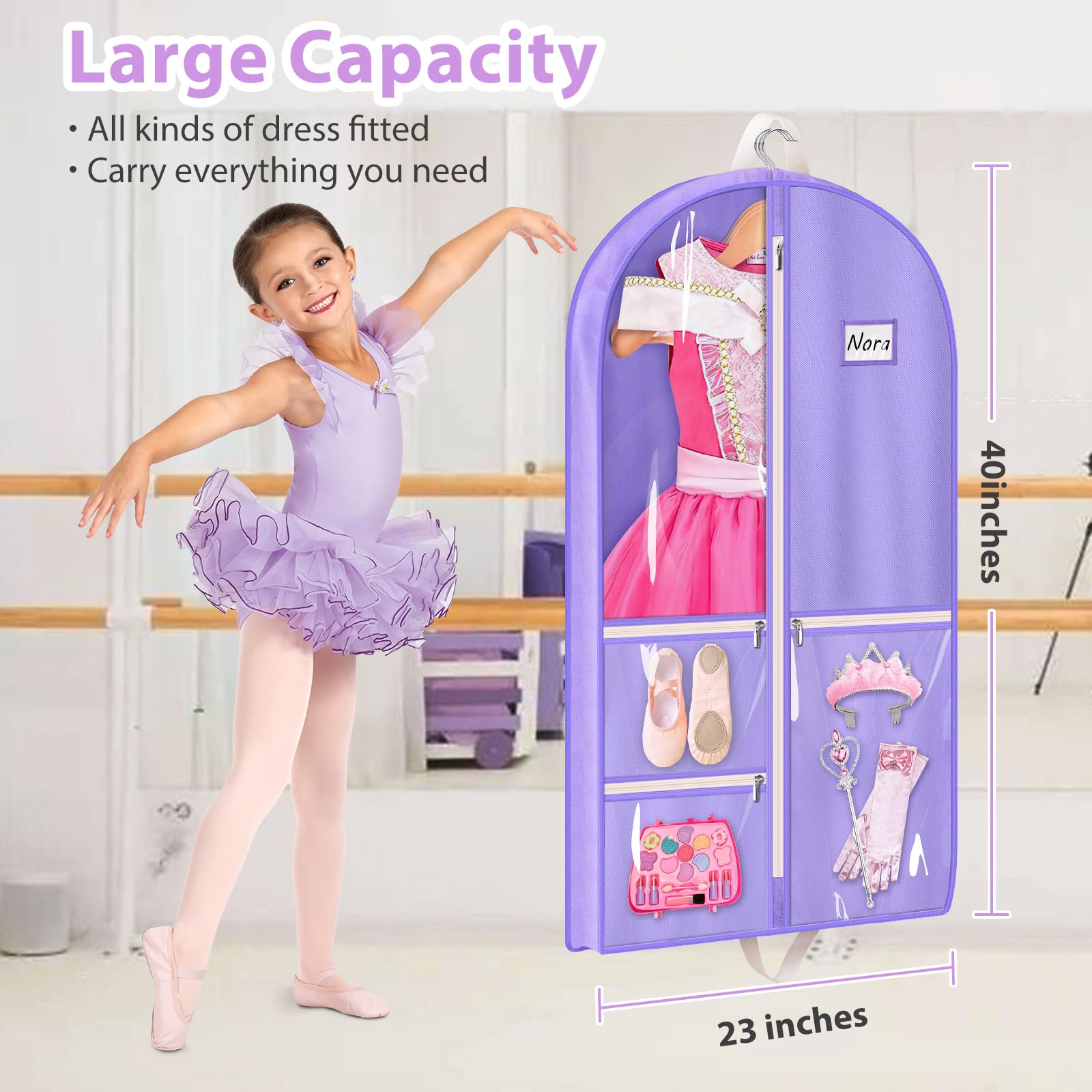 Misslo Dance Garment Bags For Dancers 40'' Garment Bags For Dance Costumes With 3 Pockets Cheer Uniform Garment Bag Hanging Kids