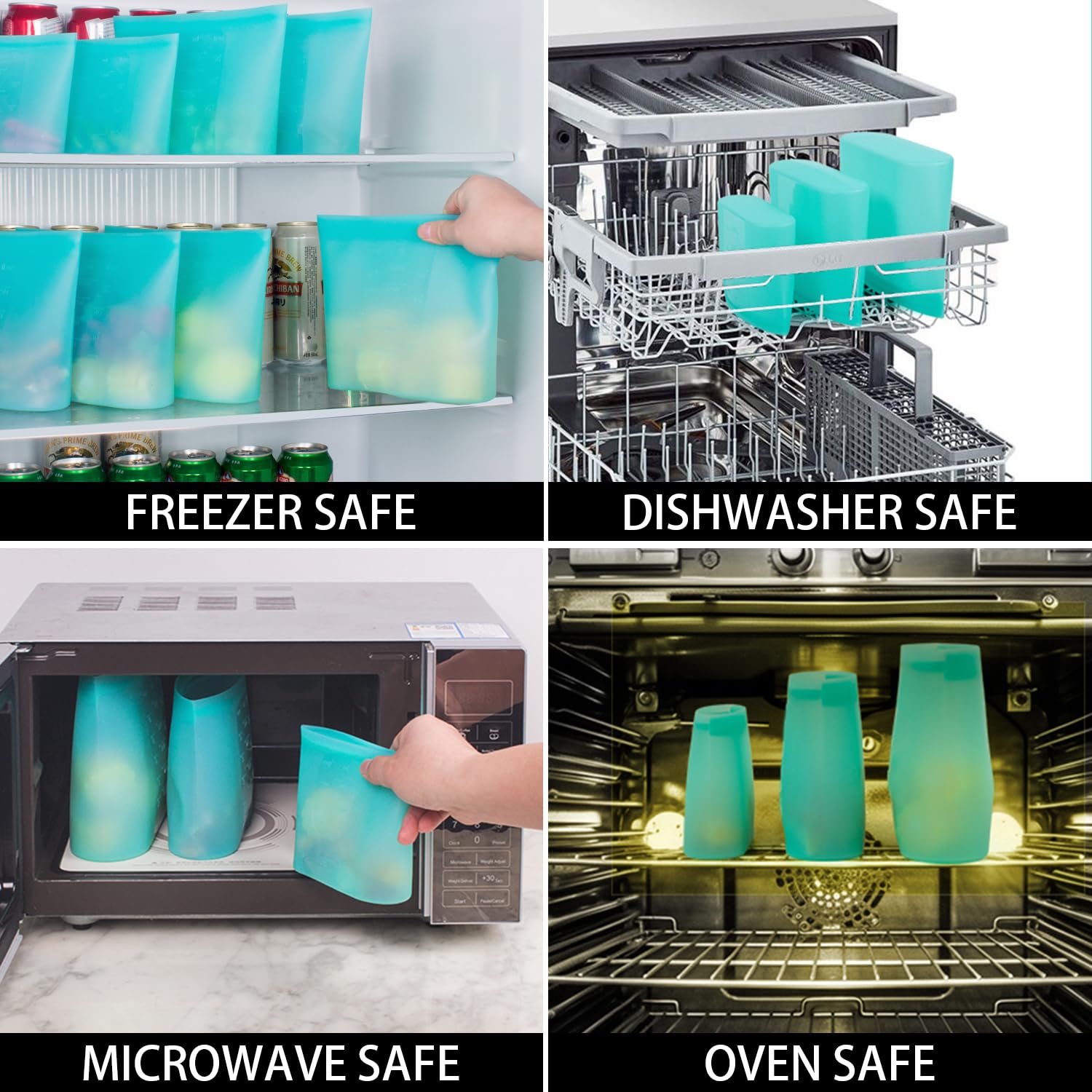 Annaklin Reusable Food Bags, 8 Pack 100% Silicone Food Storage Bags Stand Up Zip Silicone Bags For Food Container, Freezer Micro